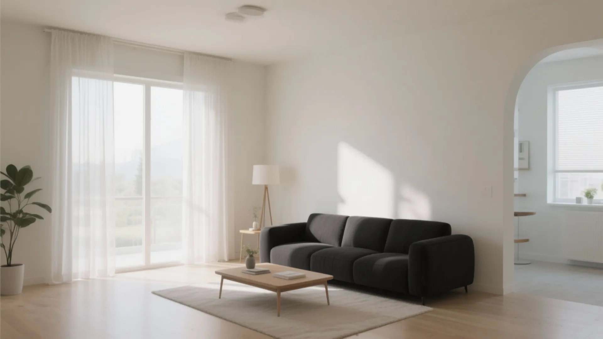Black sofa in a bright living room with pale walls and airy curtains