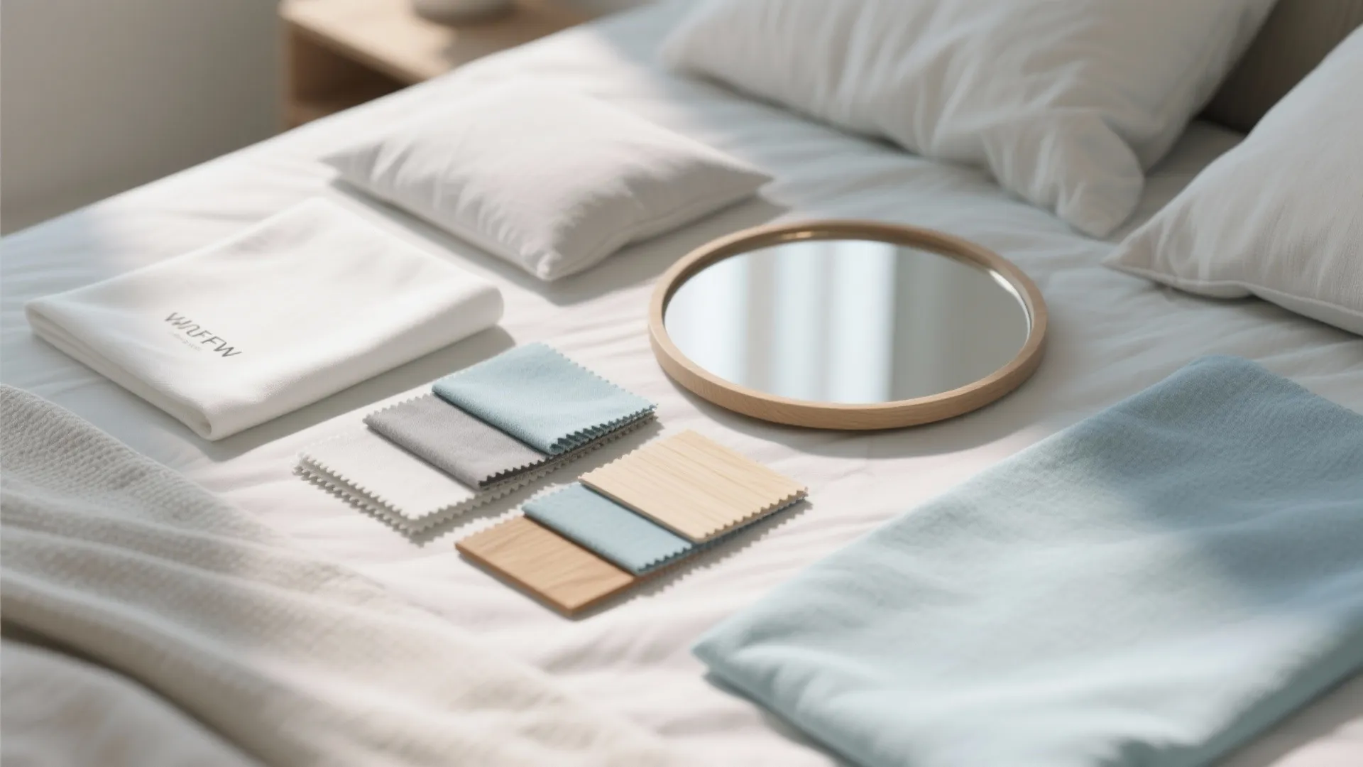Fabric swatches and wooden samples placed on white bed sheets near a round wooden mirror