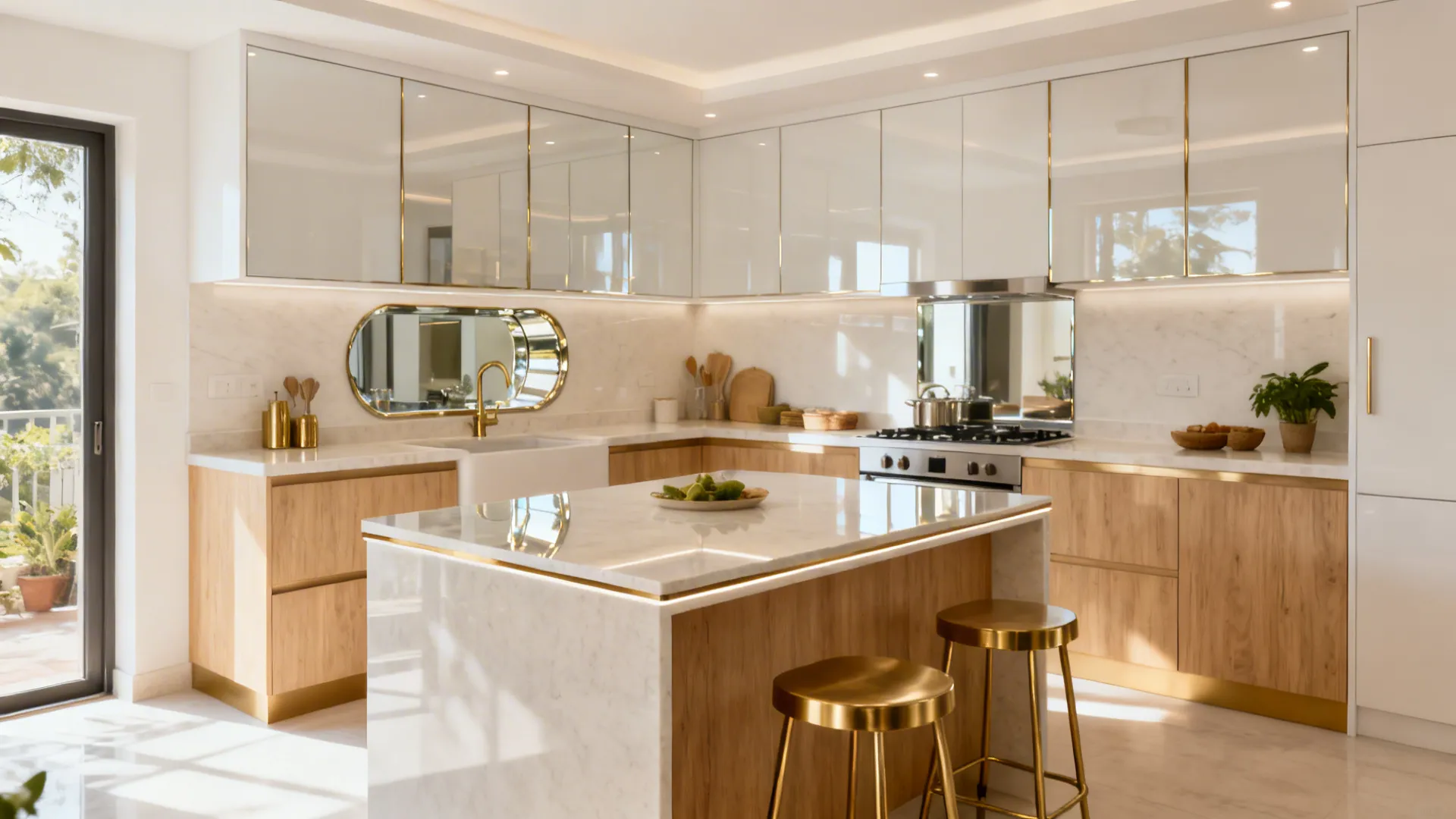 Modern white kitchen with marble island gold stools wooden cabinets and light through glass door