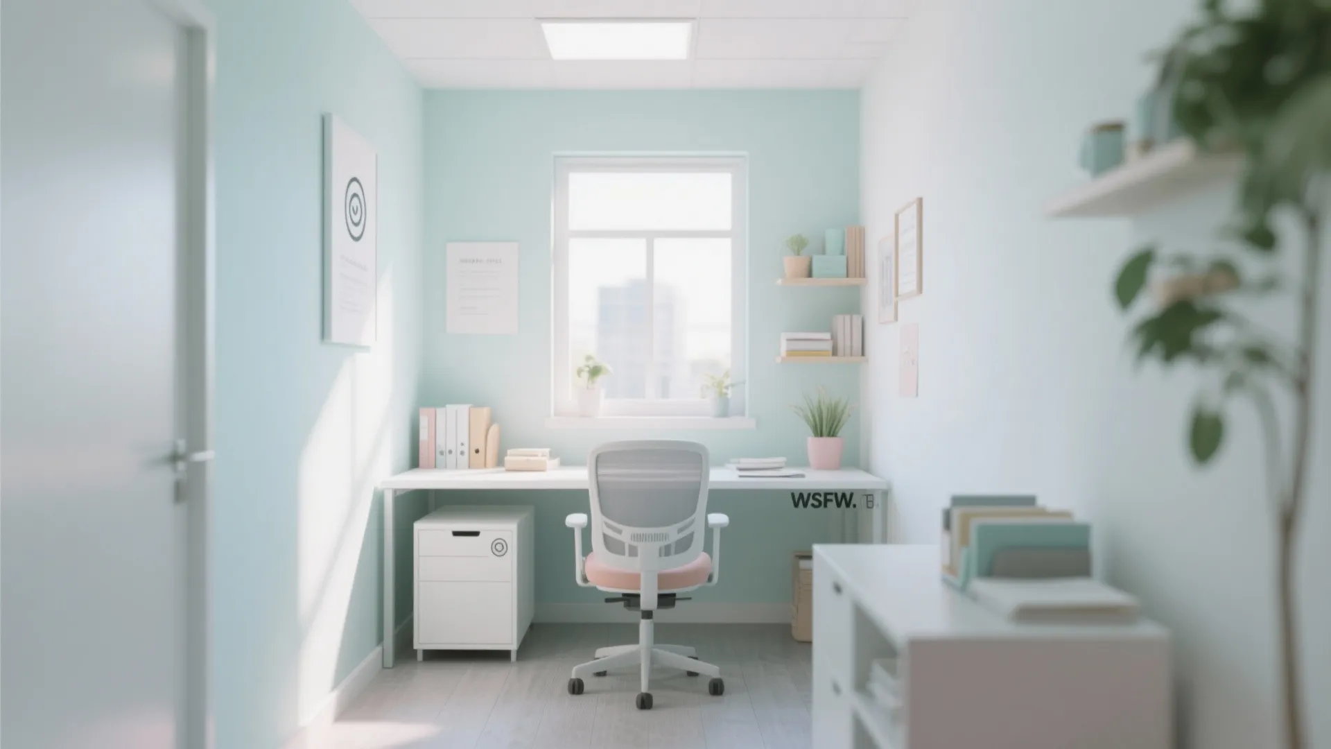 Small home office with light blue walls white desk office chair window and wall shelving unit