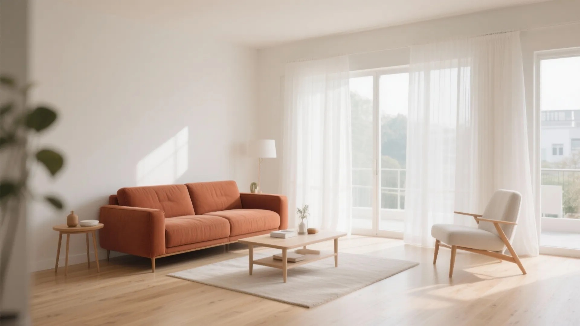Rust sofa with sheer curtains and pale wood floors in airy room