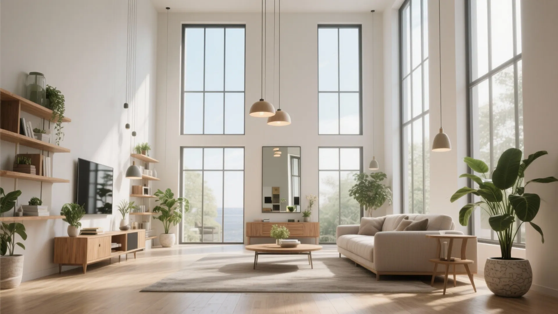 Living room with tall slim windows, continuous flooring and pendant lighting creating visual height.