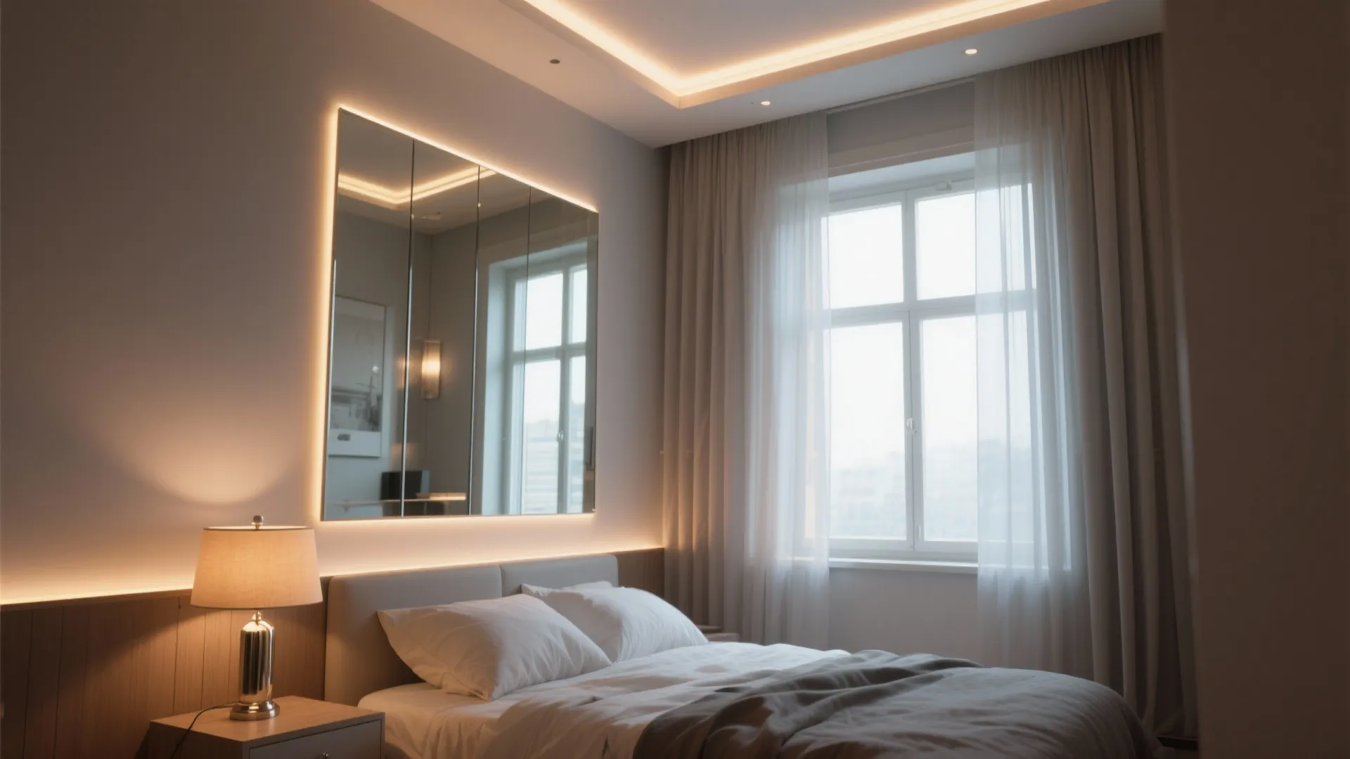 Bedroom with a large mirror opposite the window, layered lighting including ceiling wash, bedside lamp and recessed LEDs.