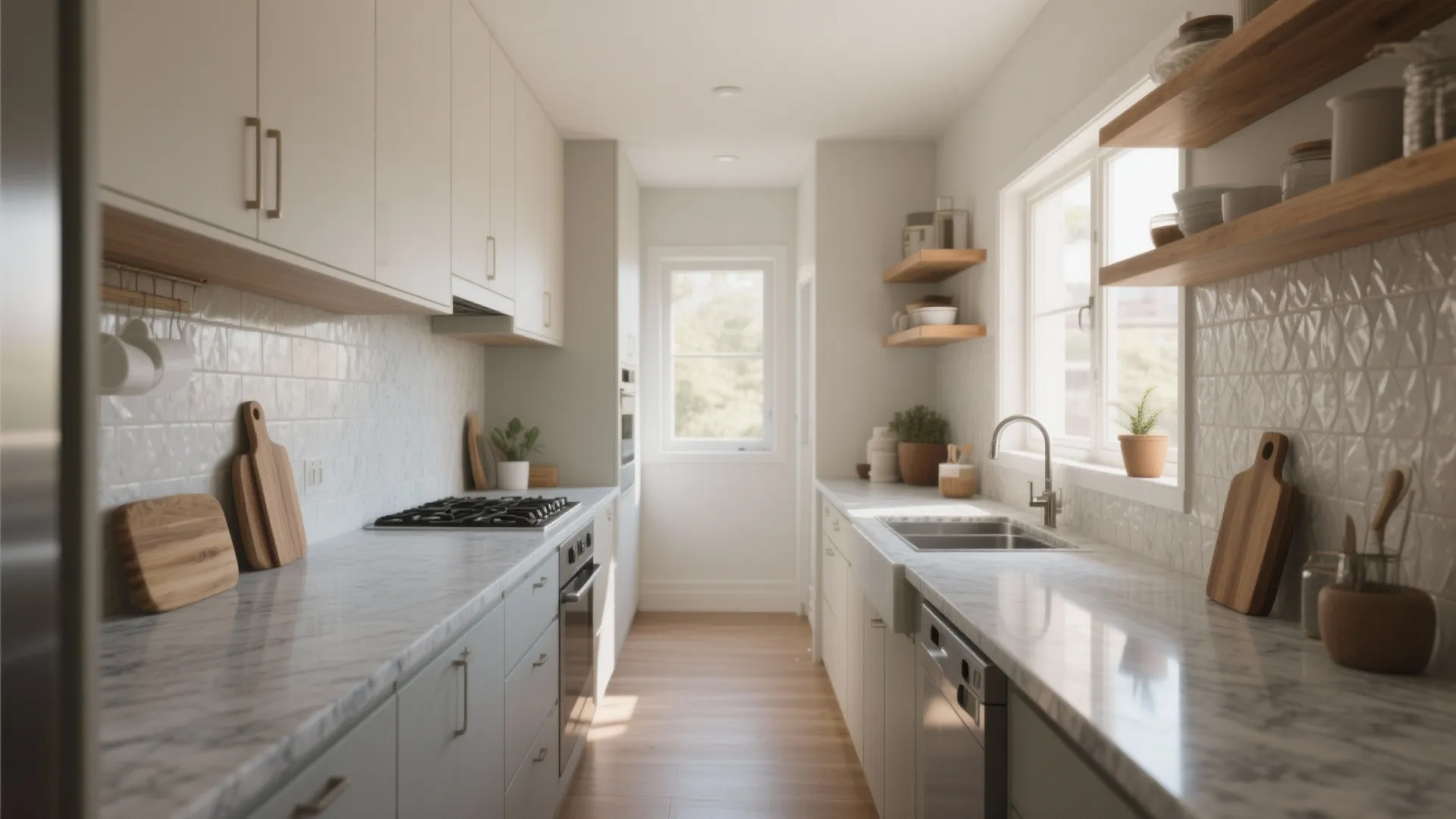 Small galley kitchen with white cabinets marble counter top wood shelves and bright window natural light