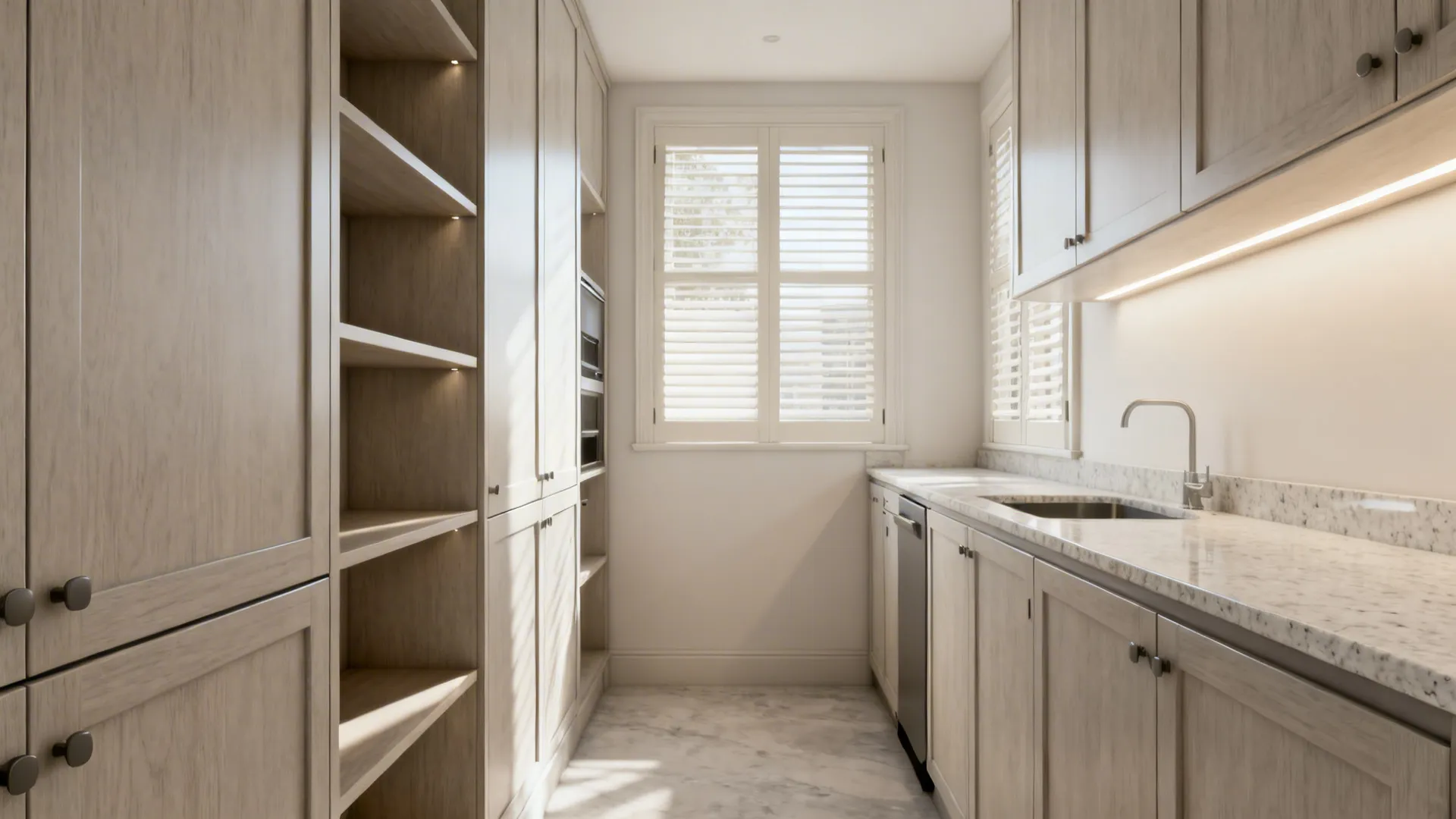 Matte light-ash cabinets and sealed open shelves brighten a narrow New Orleans galley kitchen.