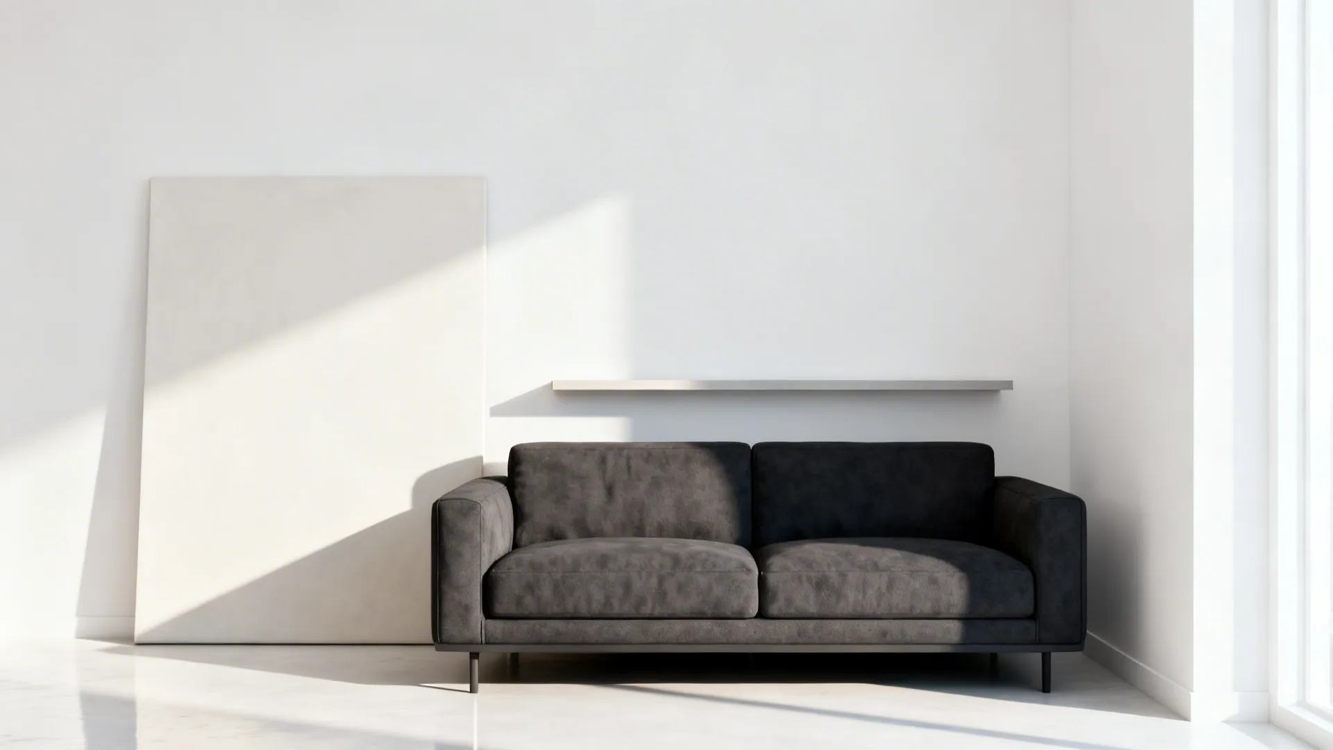 Minimalist white room with dark grey sofa wall shelf large white board and natural sunlight