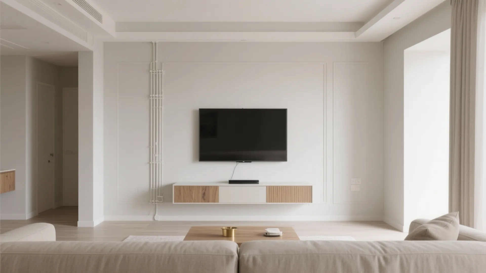 Small TV on a pale greige wall with concealed wiring and calm, minimalist styling.