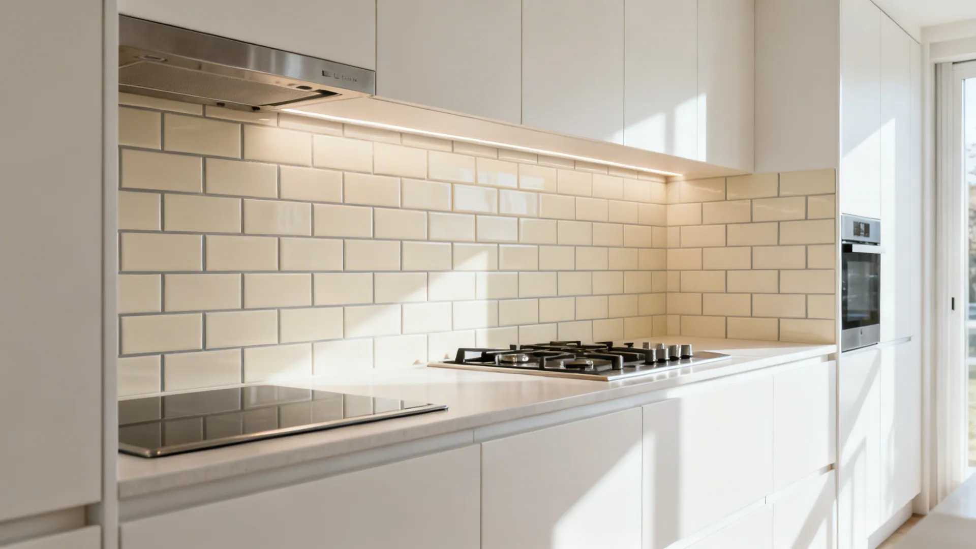 Light-toned satin ceramic subway backsplash with tight grout lines in a small galley kitchen.