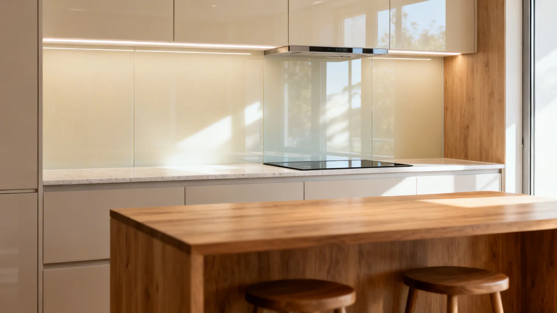 Glossy slab backsplash reflecting soft light in a compact single-wall kitchen.