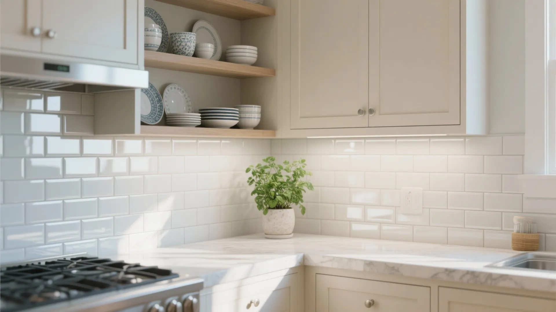 4. Light colors, reflective backsplashes, and open shelving