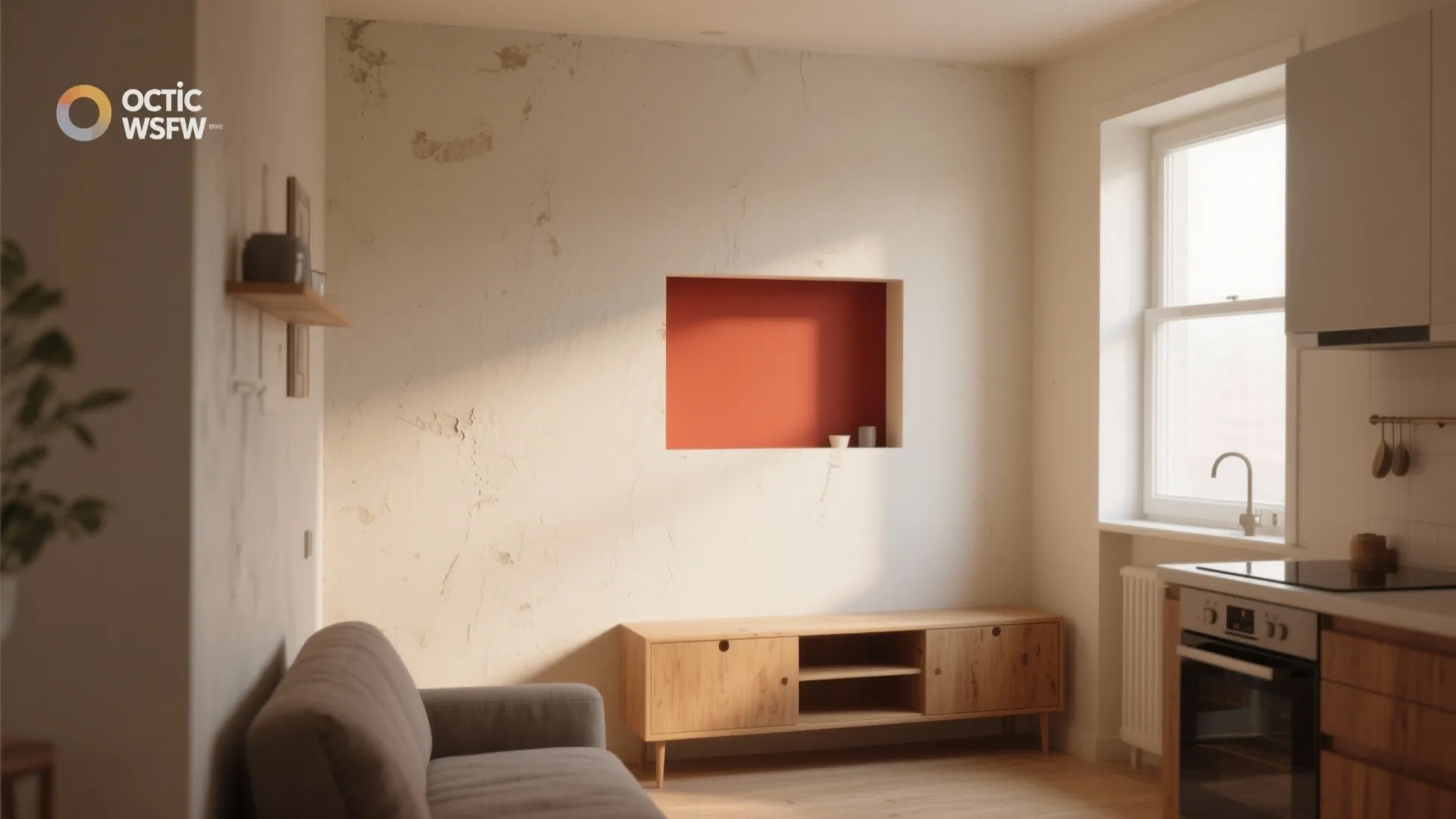 Minimalist living room with grey sofa wooden cabinet red wall niche and small kitchen area layout