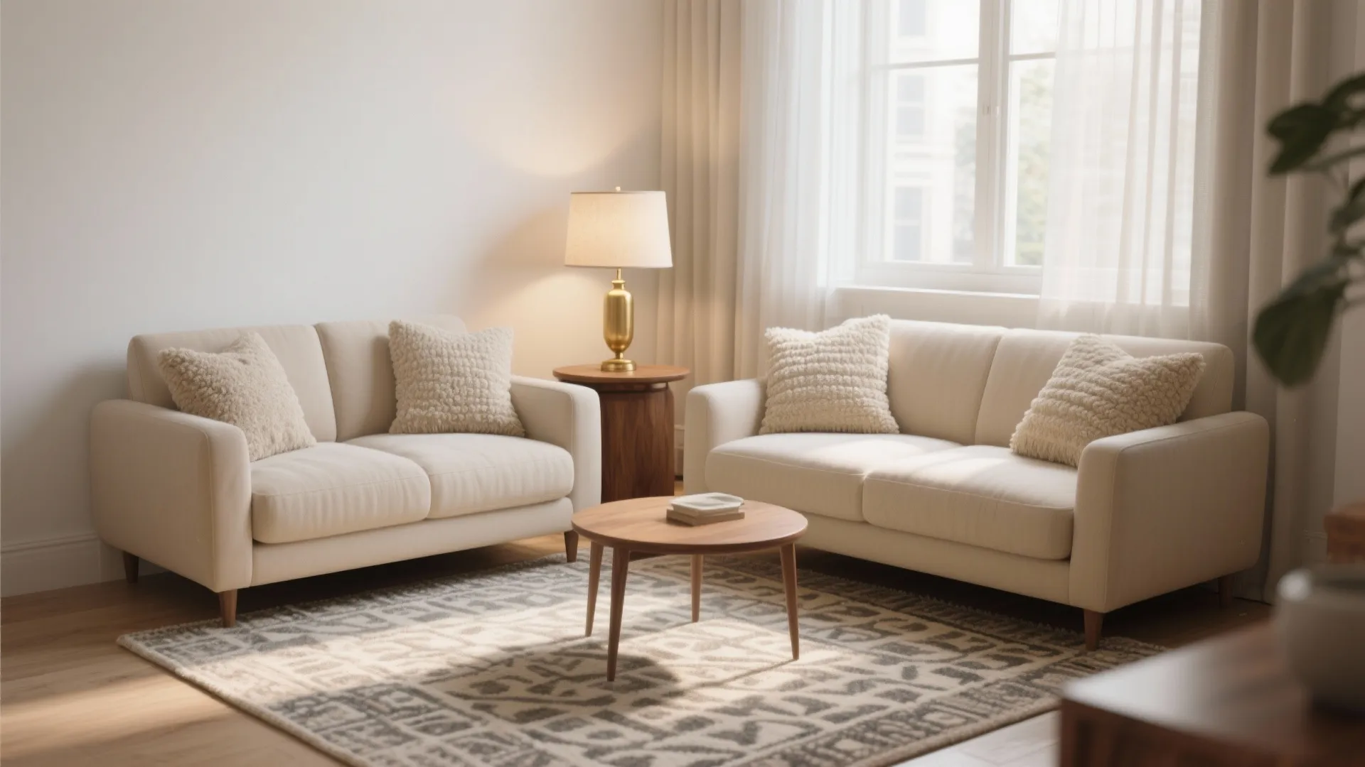 Bright living room with two white sofas wooden coffee table gold table lamp and curtains
