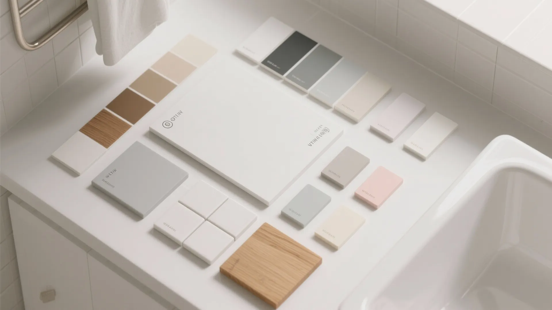 Bathroom interior design material samples showing wood tiles and soft color palette on white counter