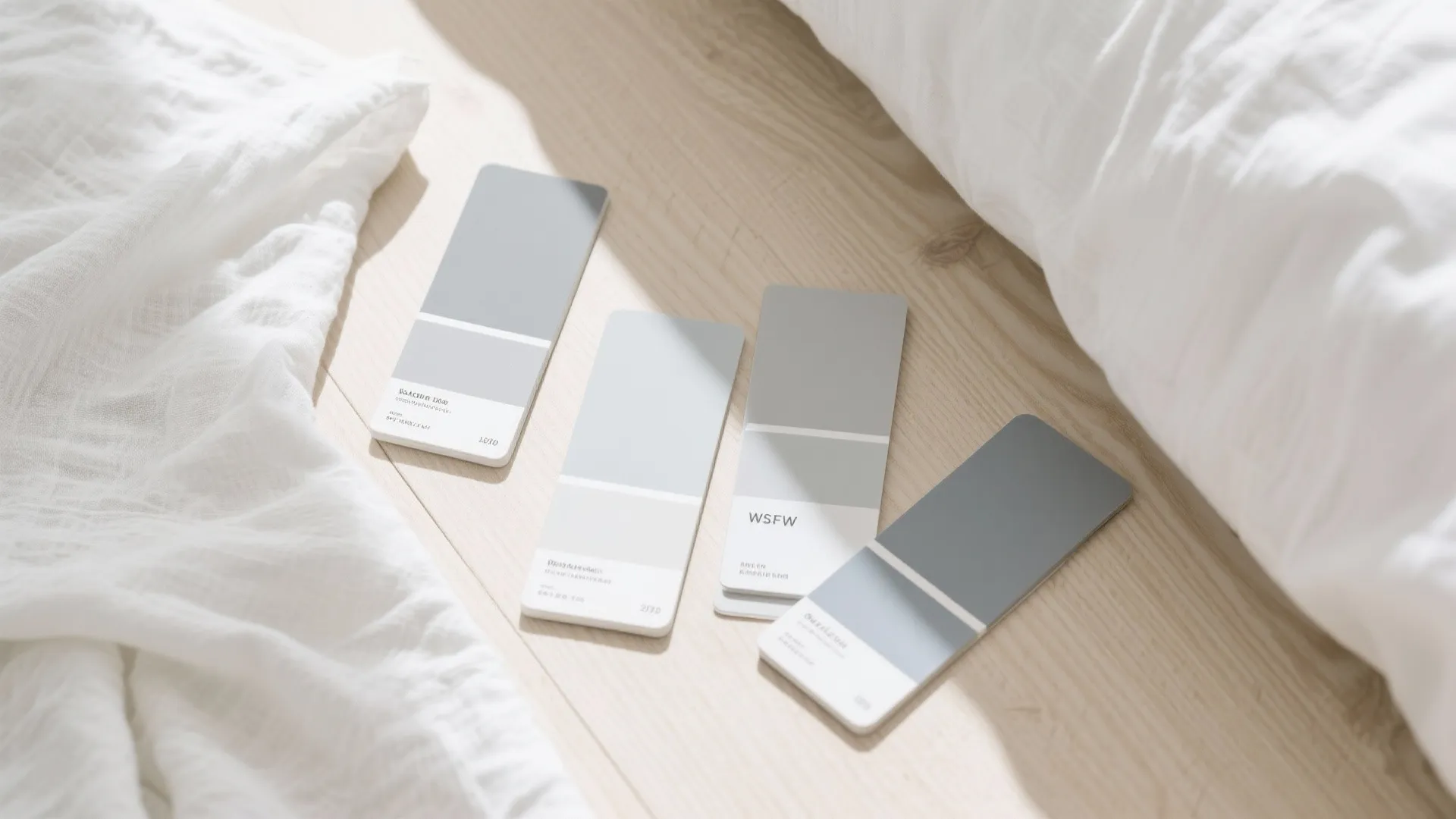 Four grey and white color paint samples lying on light wood floor next to white bedding