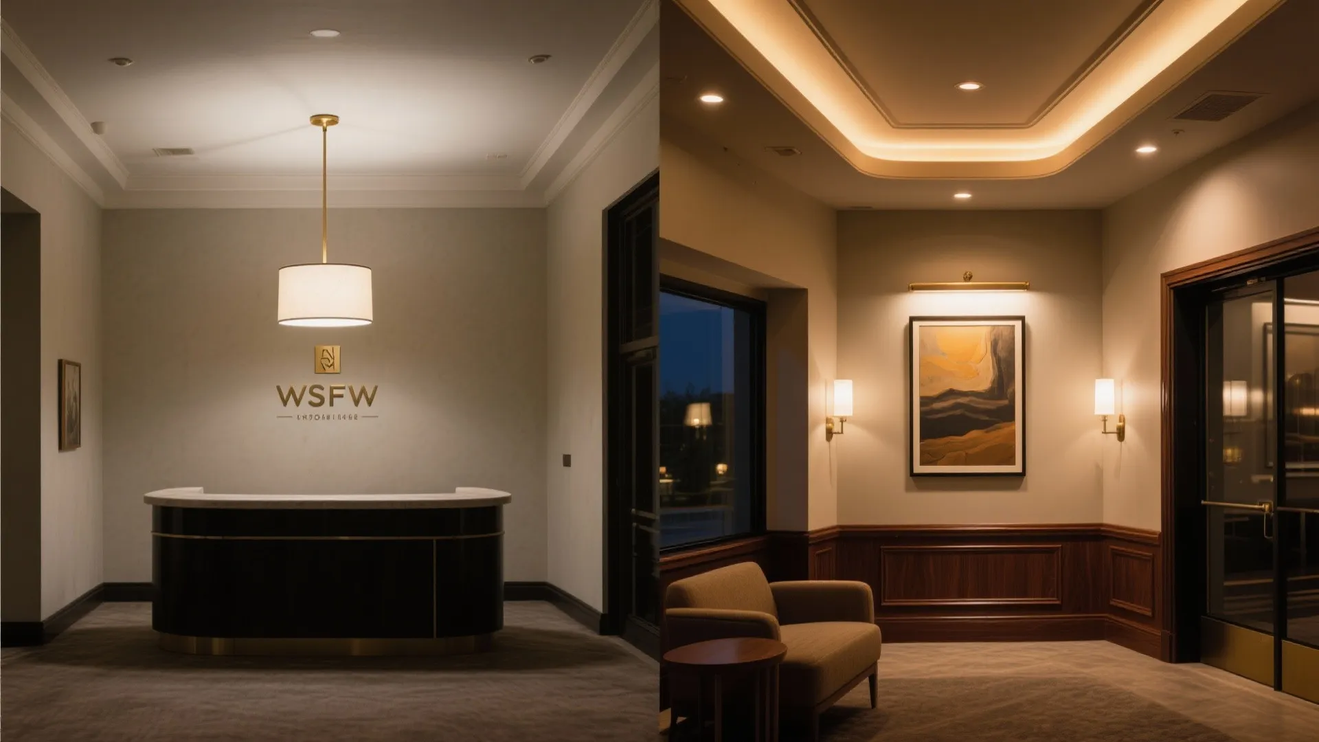 Before and after comparison of reception desk lighting versus warm ceiling and wall light design