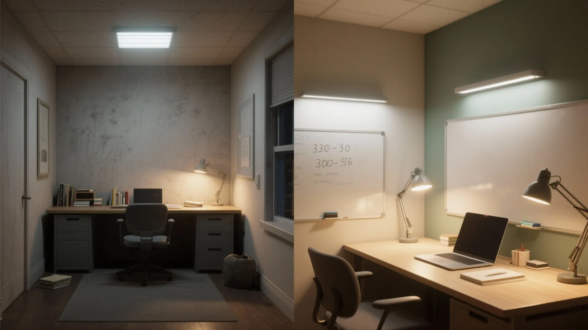 Before and after comparison of home office lighting showing dark room versus bright workspace with lamps