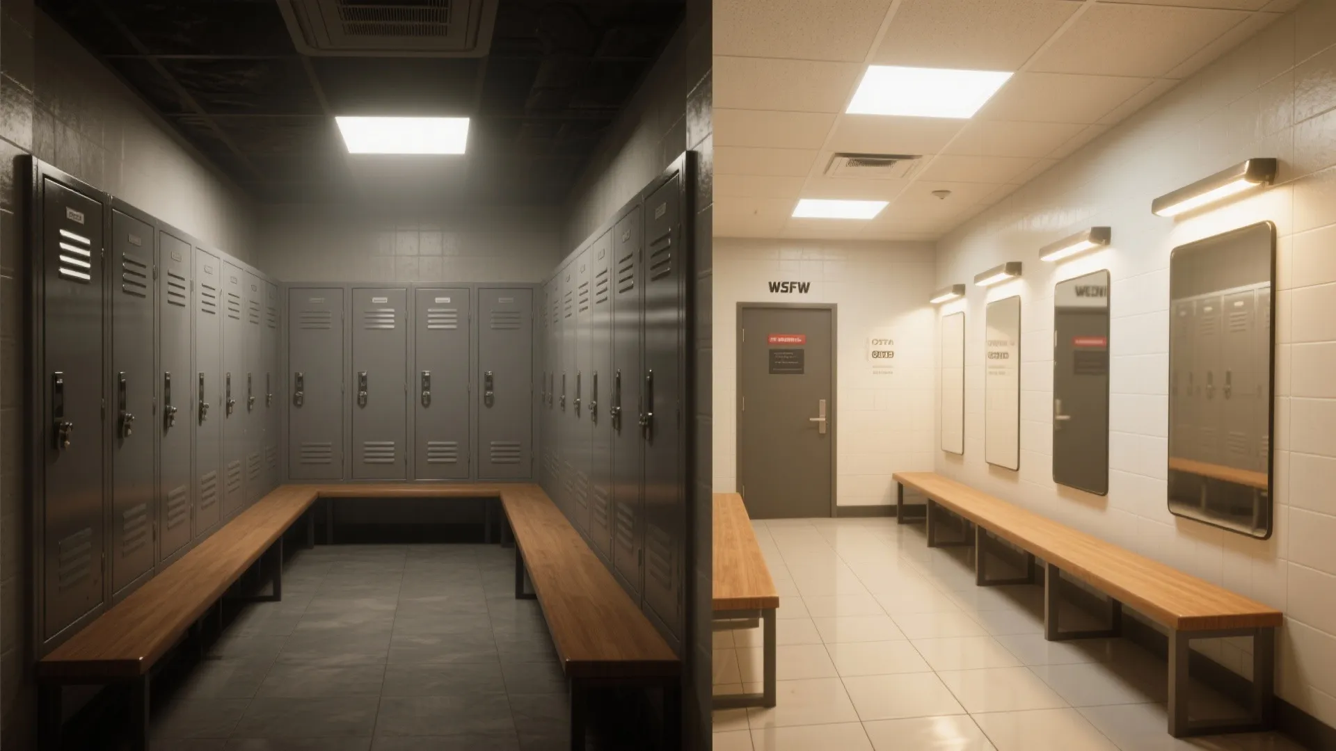 Before and after comparison showing a dark locker room versus a bright room with wall lights