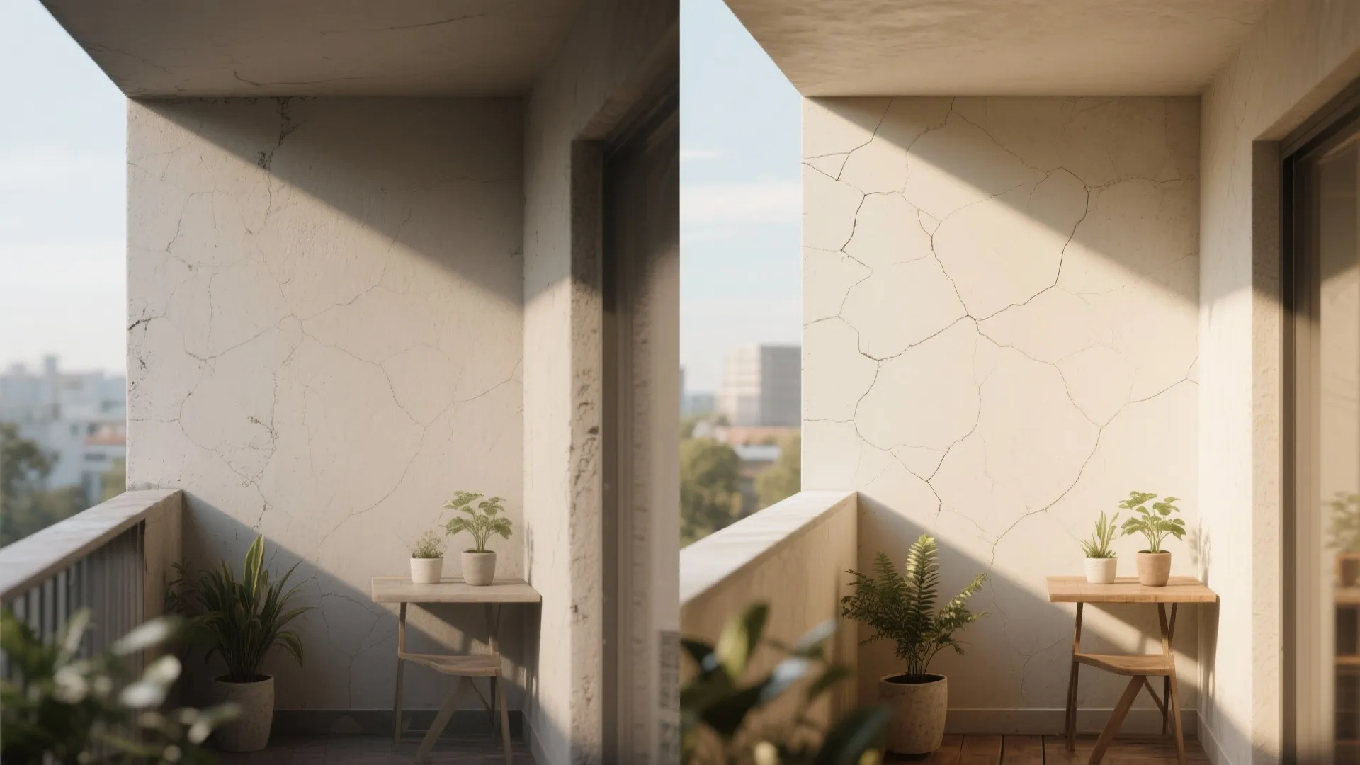 Side by side view of cracked balcony wall with small wooden table and potted plants