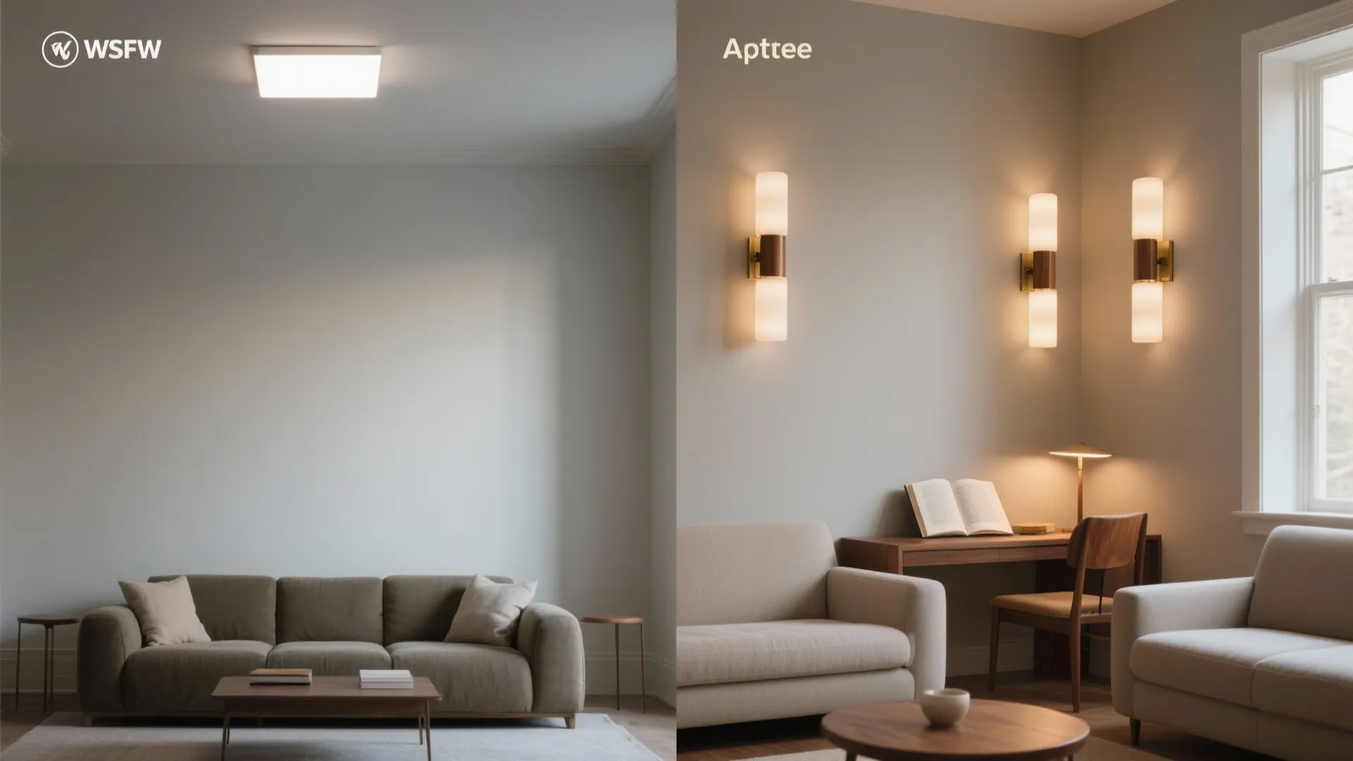 Before and after comparison showing single ceiling light versus multiple warm wall lights and desk lamp