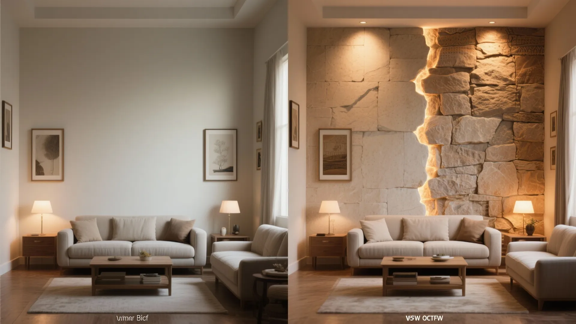 Before-and-after of a small living room wall, from plain paint to split-face Dholpuri stone with warm uplighting.