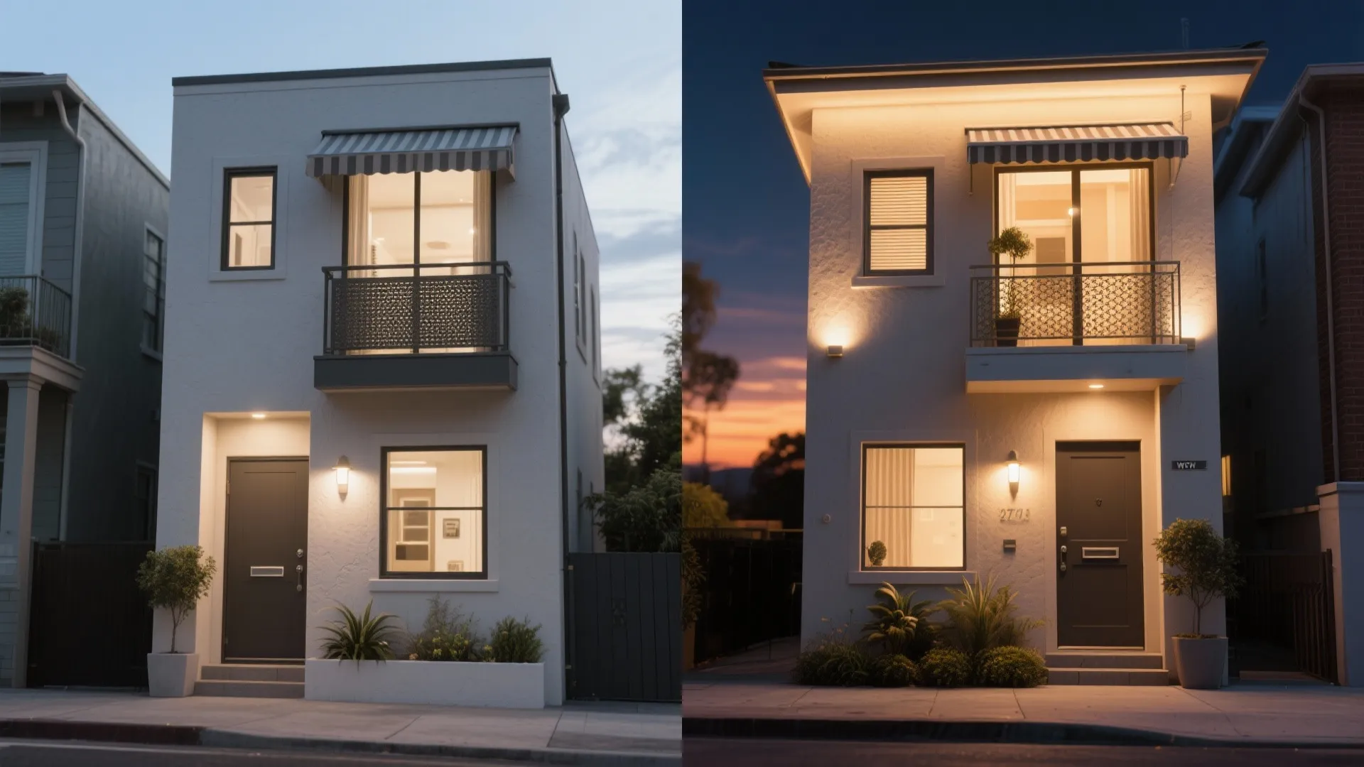 Layered exterior lighting and shade for comfort and curb appeal