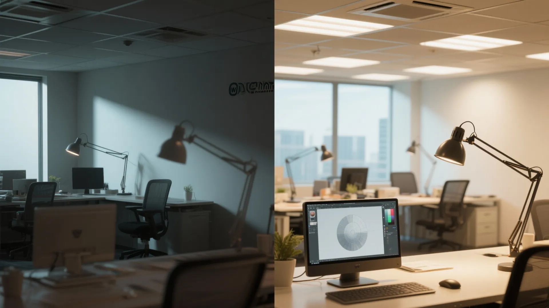 Before and after comparison of dark office space and bright workspace with ceiling light fixtures