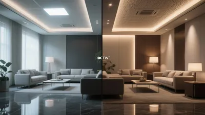 Modern Living Room Design with Dual Lighting Moods