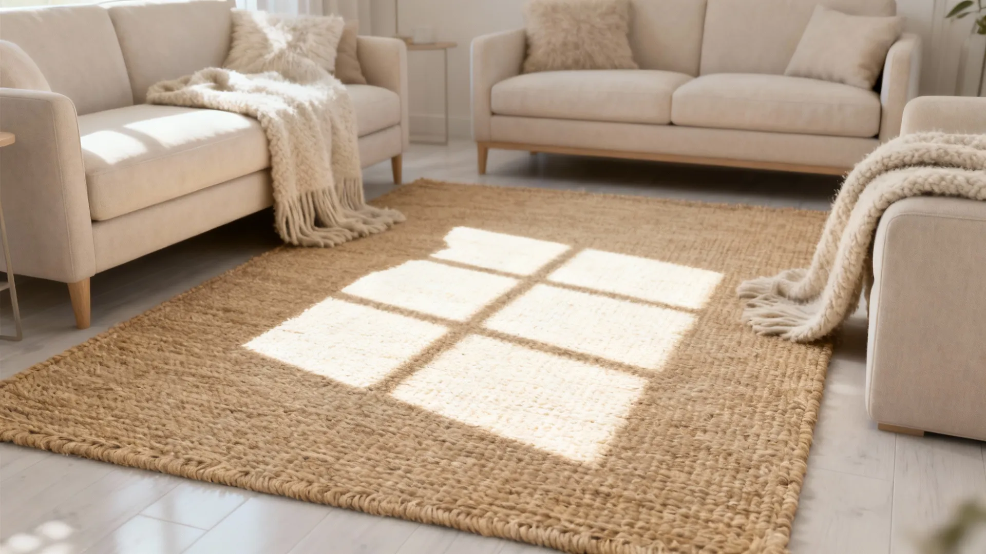Bright living room featuring beige woven rug with sunlight window shadows and soft cream sofas
