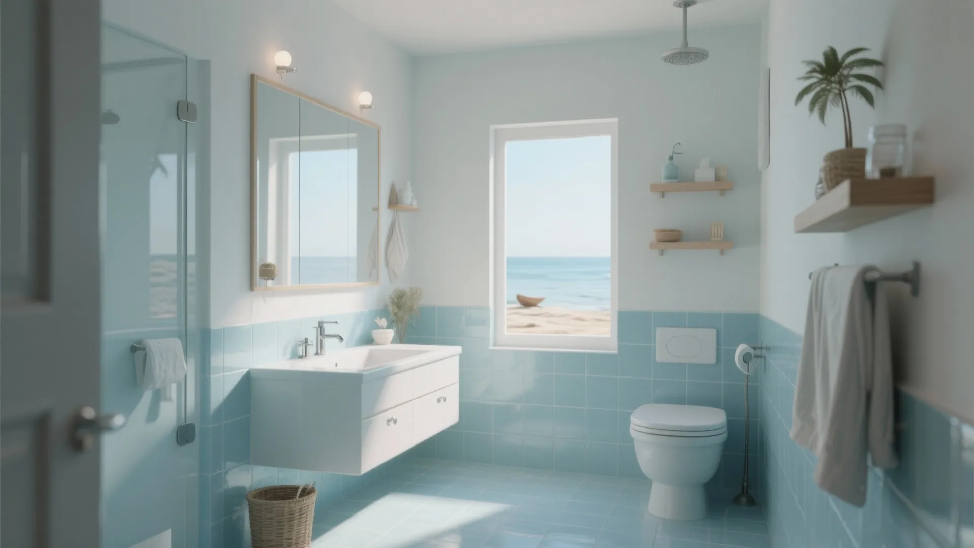 Coastal bathroom design with blue wall tiles white sink and window view of the beach