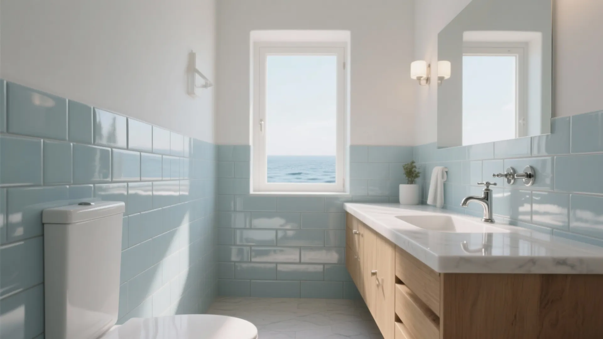 Modern bathroom with light blue wall tiles wooden cabinet white sink window with ocean view