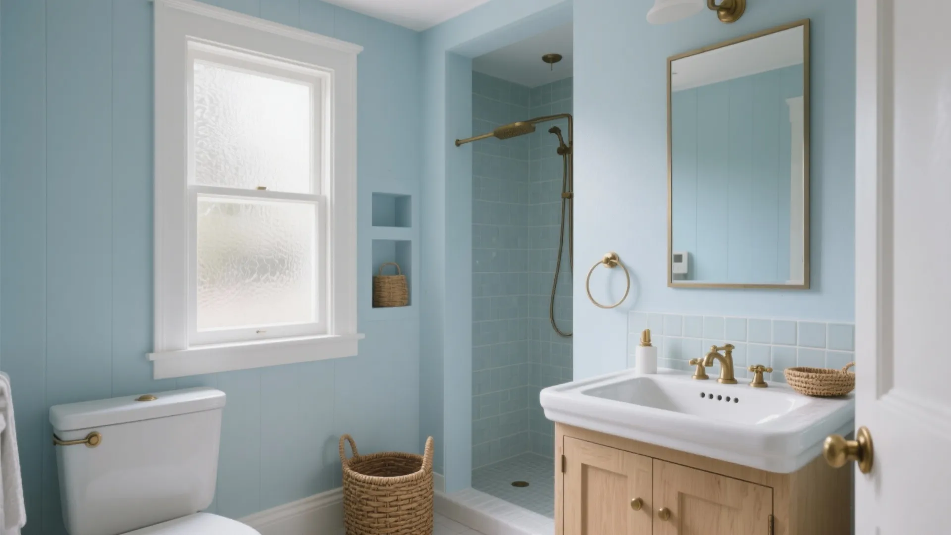 Light blue bathroom featuring wooden sink cabinet white toilet shower area mirror and brass wall light