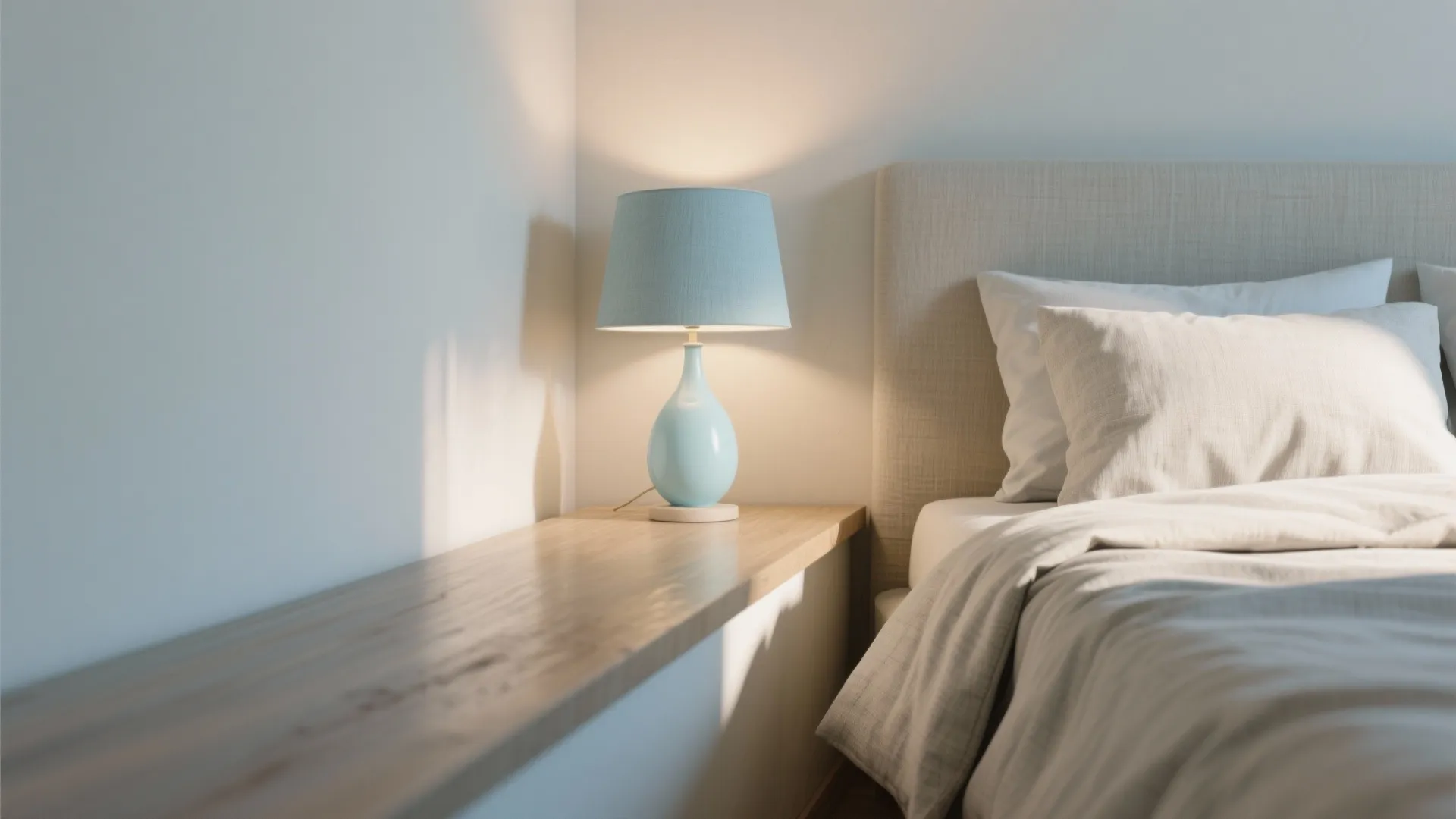 Modern bedroom with light blue table lamp on wood nightstand beside comfortable bed and pillows
