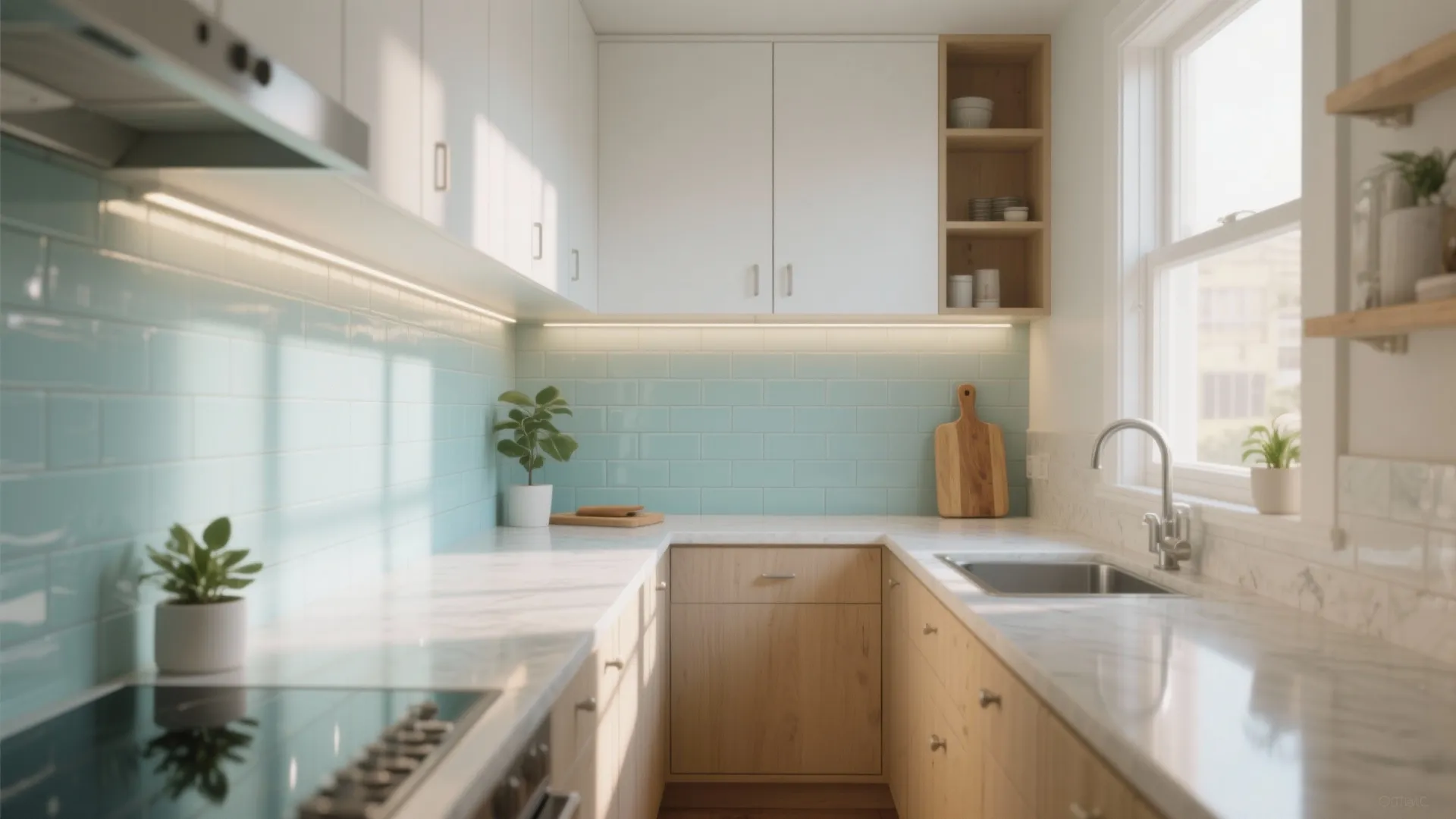Modern small kitchen with light blue wall tiles white cabinets wood counters and natural light