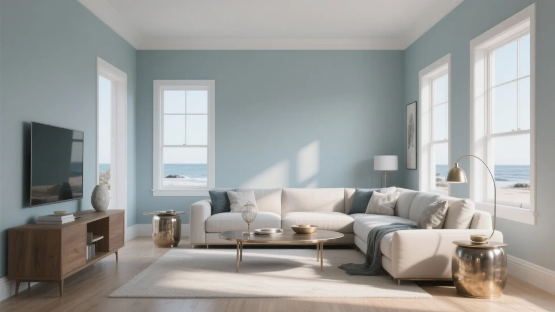 Light blue living room with white corner sofa wooden cabinet gold tables and large coastal windows