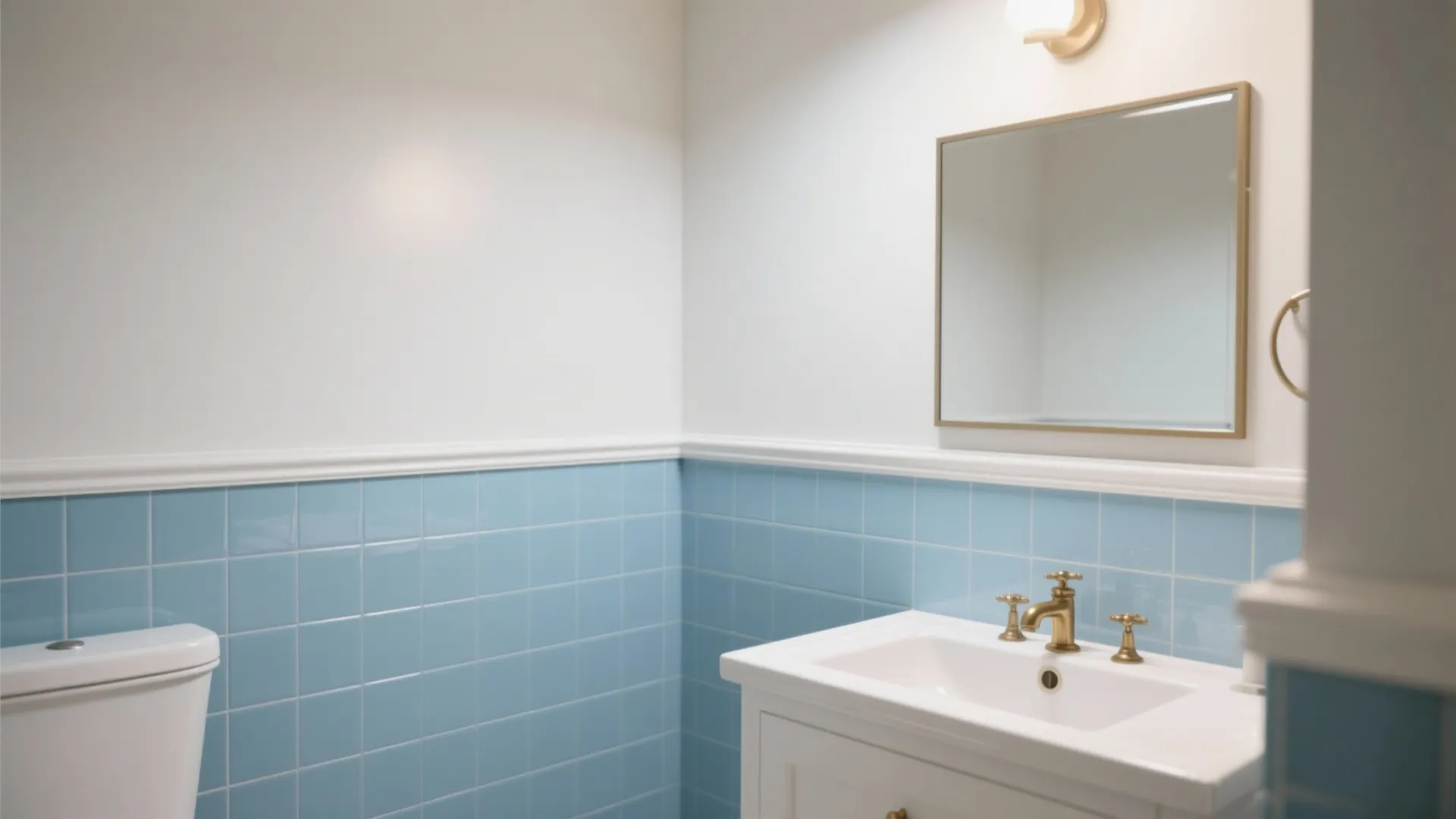 Bathroom with light blue square tiles white wall panel gold faucet mirror and wall light