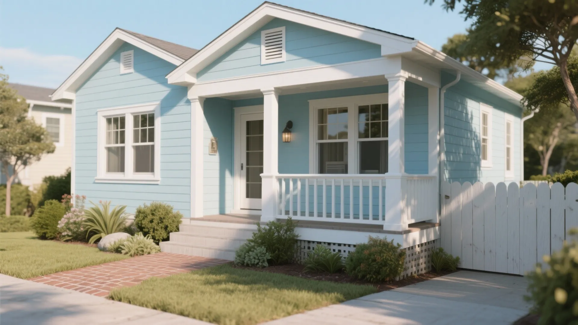 Light blue house with white porch, brick path, green grass, white fence, and large windows
