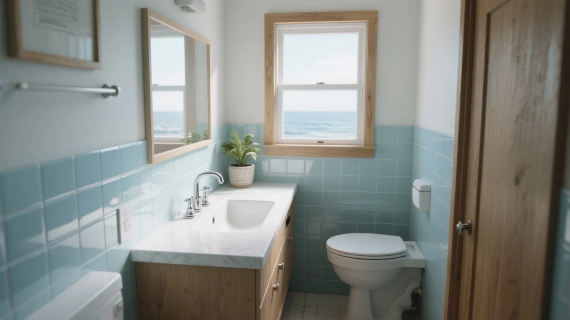 Coastal style bathroom with light blue wall tiles wooden cabinet white sink and ocean view