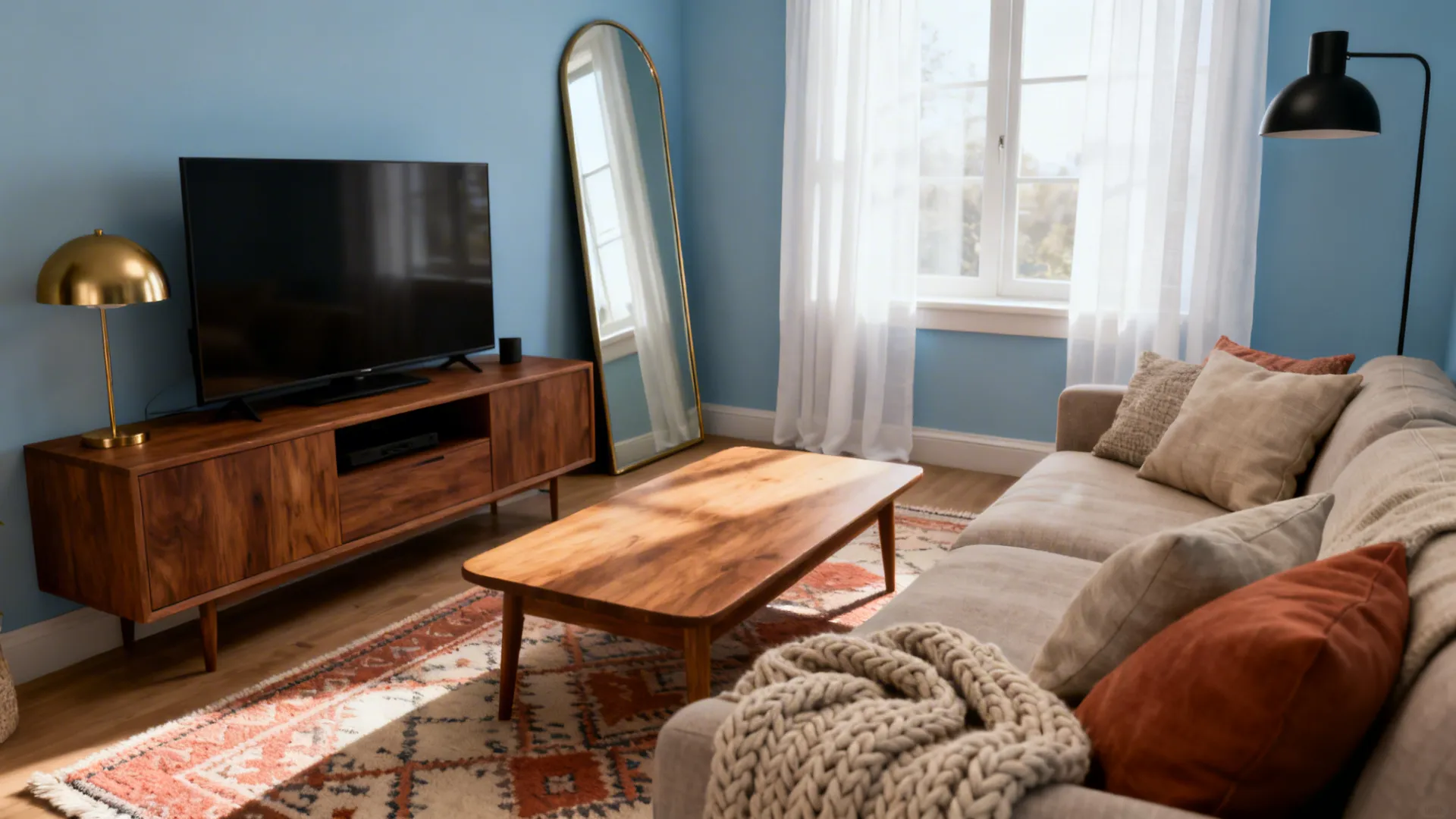 Modern living room featuring blue walls, wooden coffee table, sofa, television, and a floor mirror