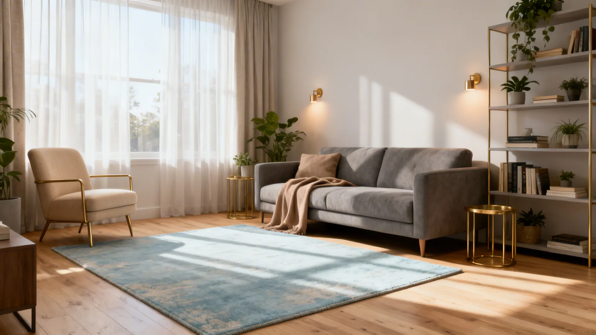 Bright living room with light blue rug grey sofa beige chair and tall white bookshelf