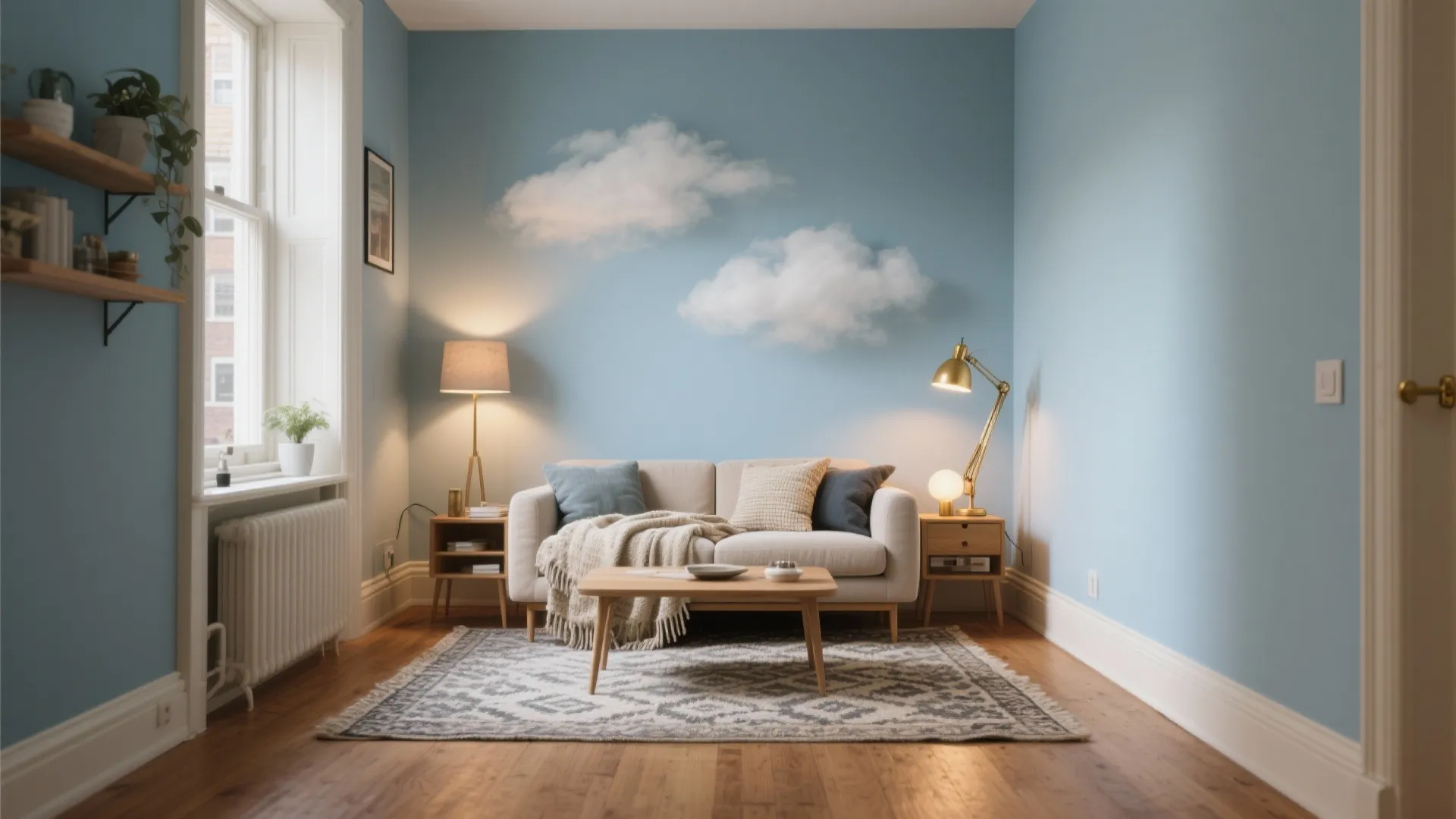Modern living room with blue walls, white sofa, wooden coffee table, rug, and natural light
