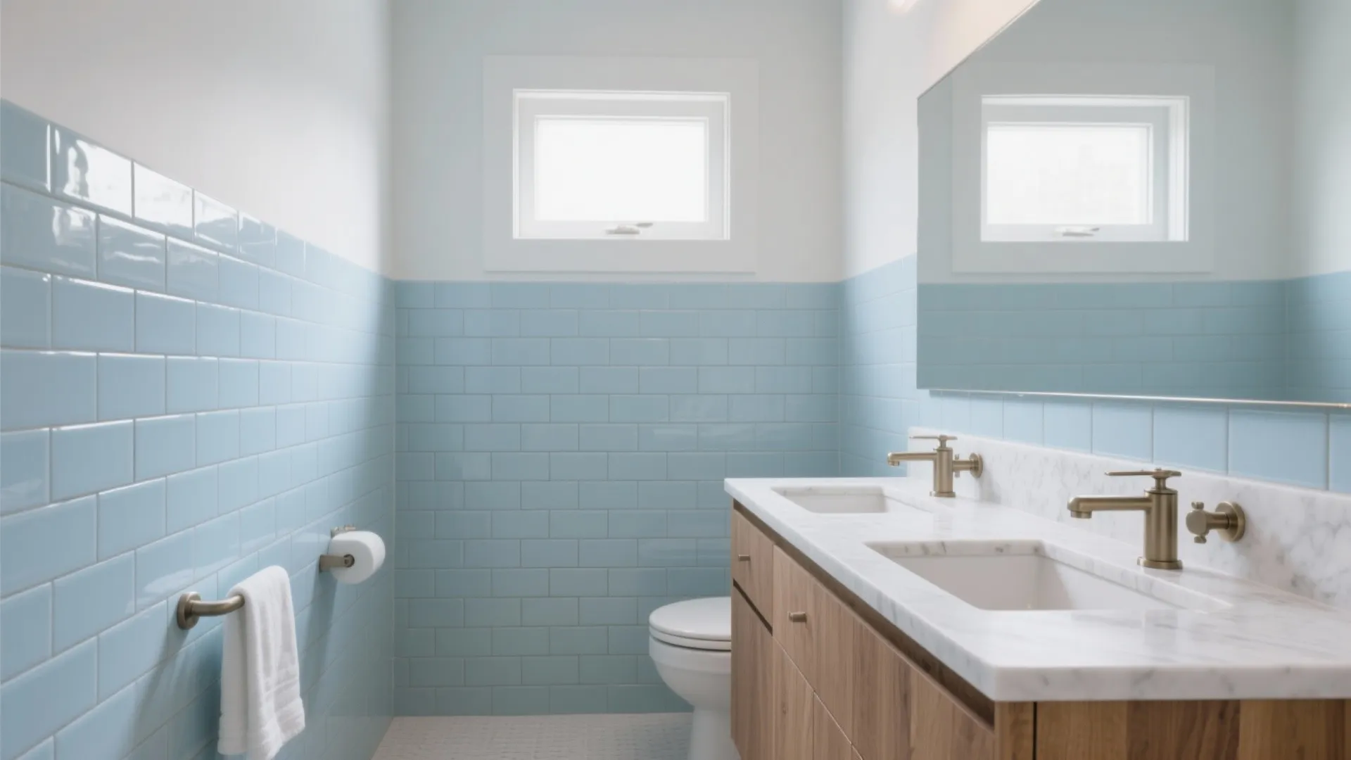 1) Light-blue subway walls for an airy, spa feel