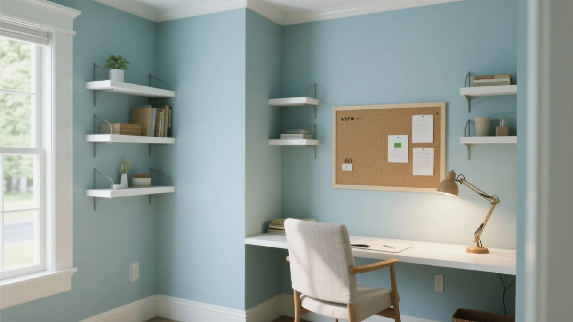 Light blue home office area with white floating shelves a desk and a grey chair