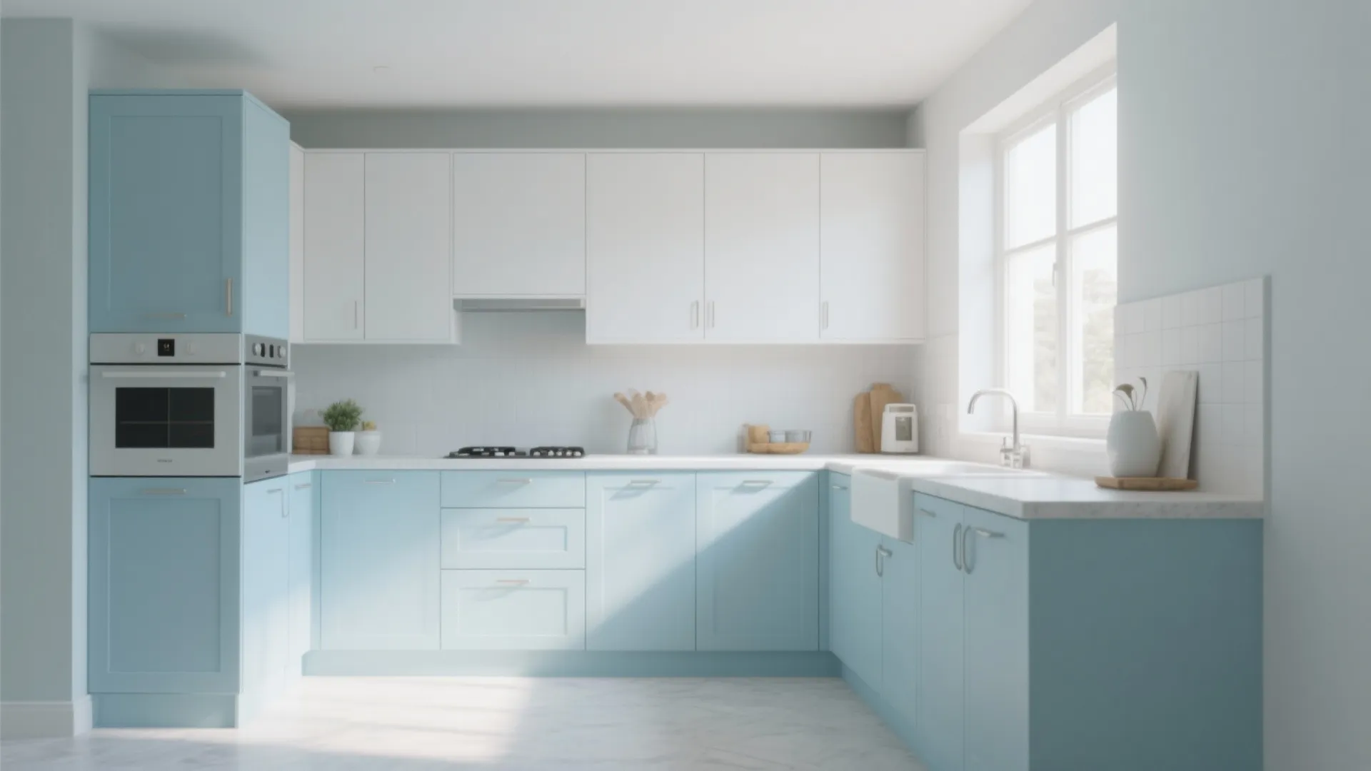 Modern light blue and white kitchen layout with white marble countertops and a large window