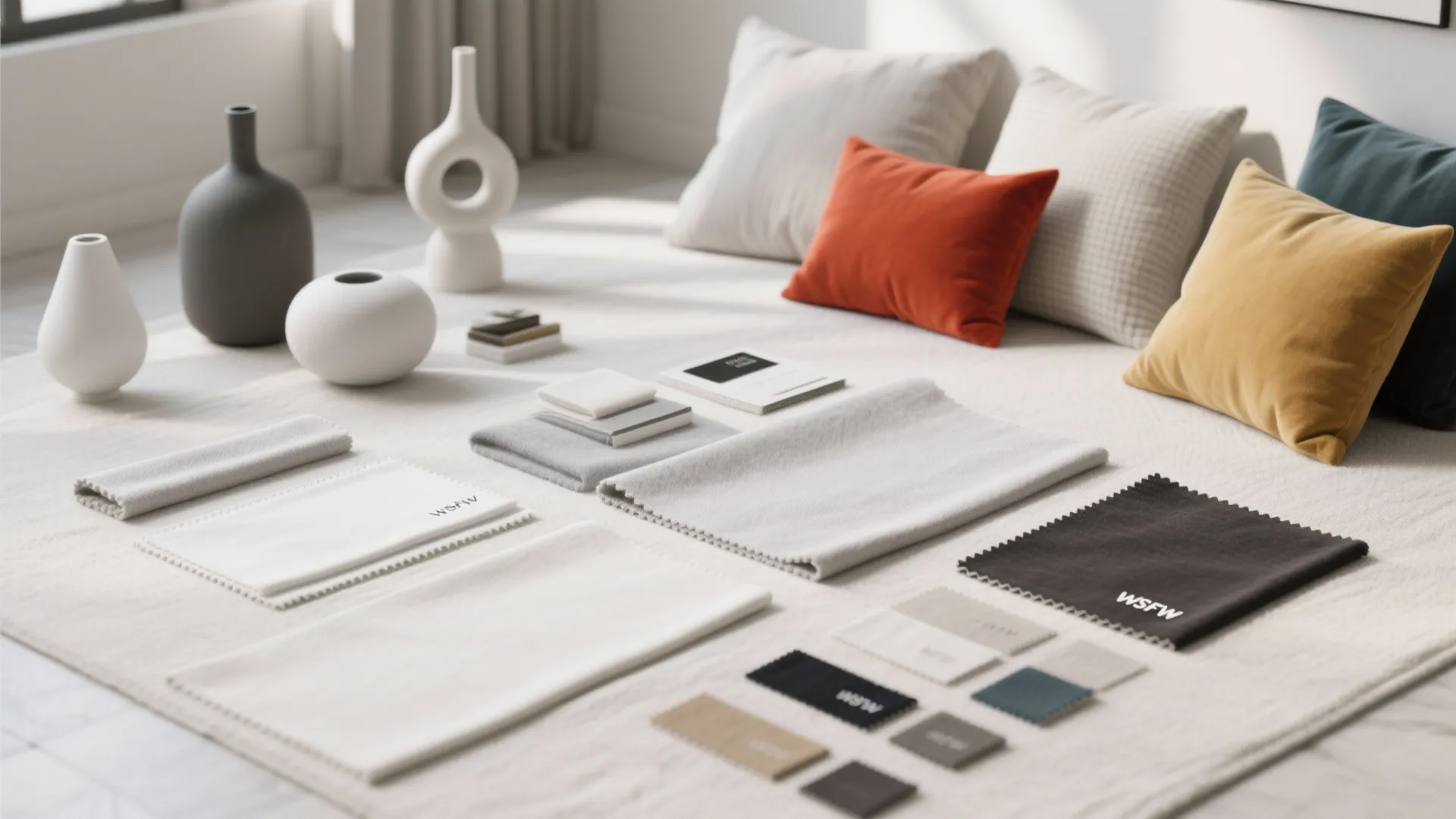 Material board with fabric samples colorful pillows ceramic vases and carpet for interior design planning