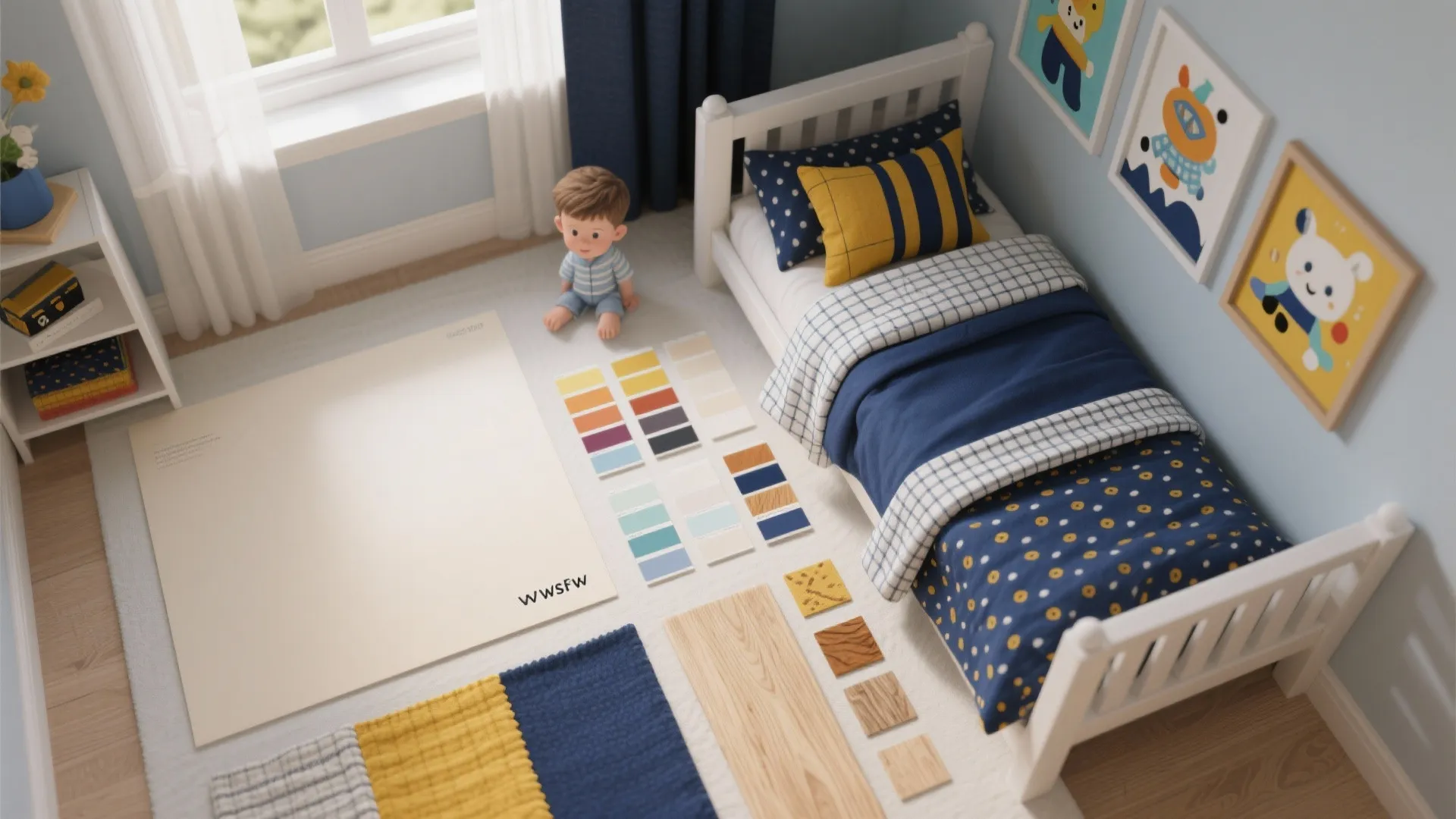 Kids bedroom design with color palette samples wood flooring materials and a small white bed