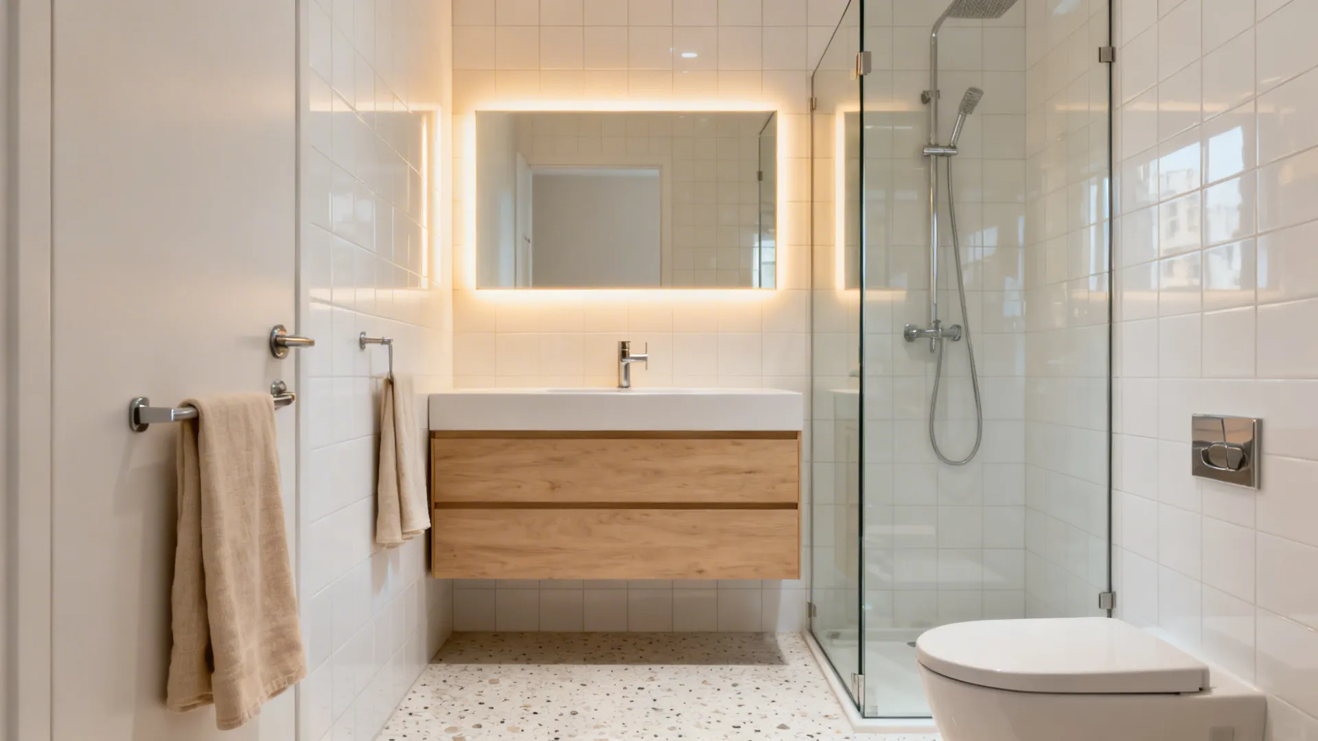 Small bathroom with satin white tile, terrazzo floor, and warm LED mirror creating bright space.