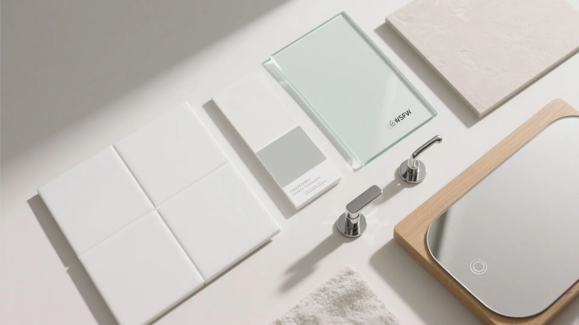 Flat lay of white bathroom tiles glass panel color samples faucet parts and a wooden mirror