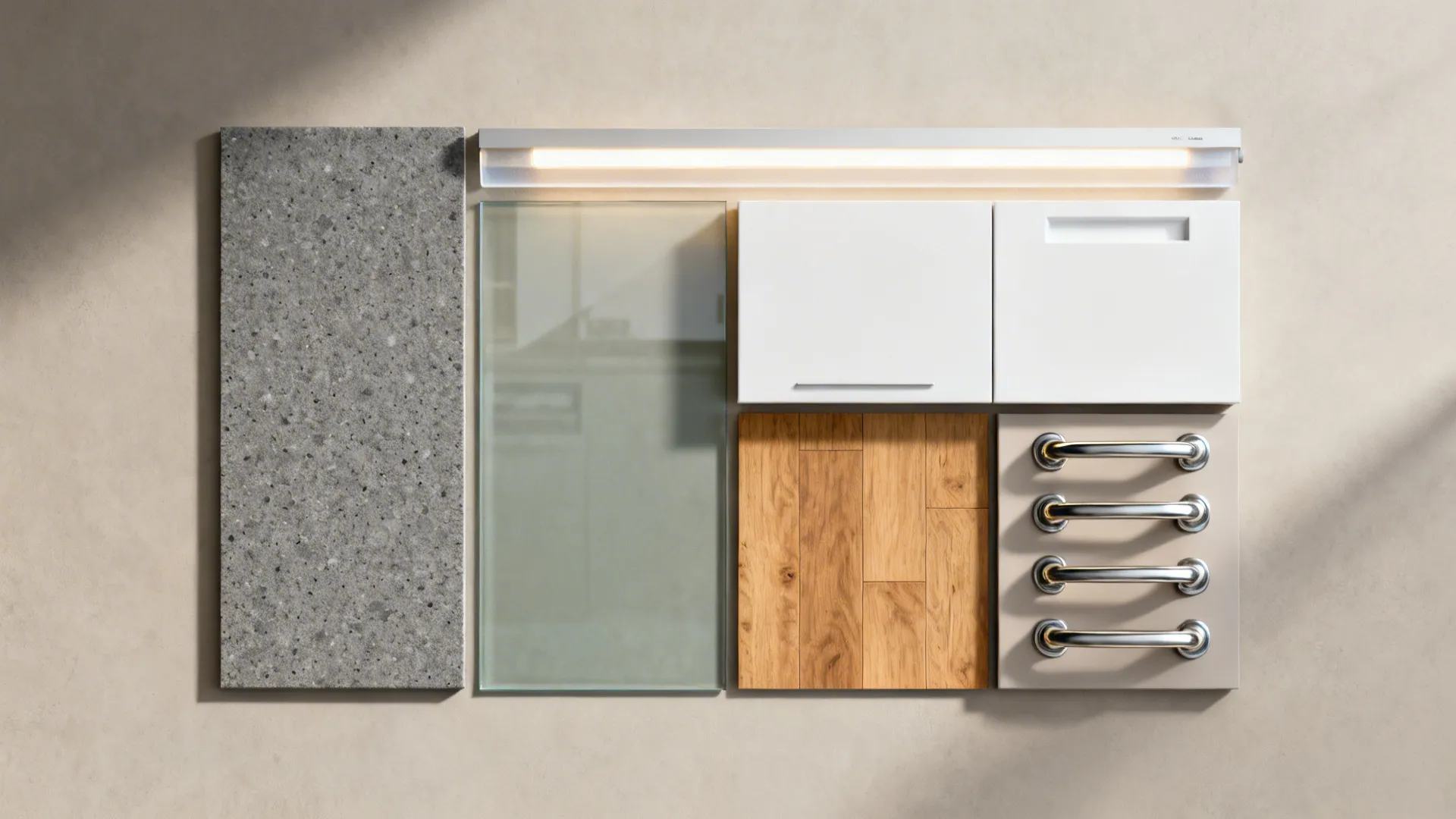 Flat-lay of honed gray quartz, low-iron glass, LED diffuser, white cabinet and oak floor samples.