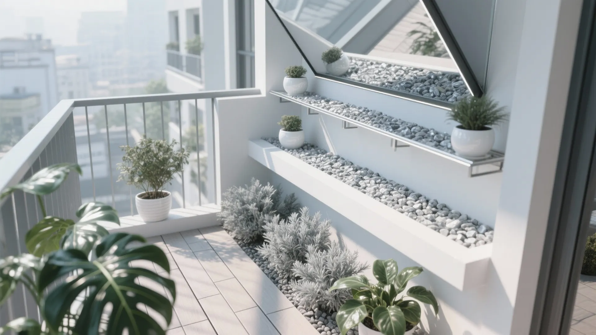 North-facing balcony with a mirror panel, white pots, and reflective mulch brightening lower tiers.