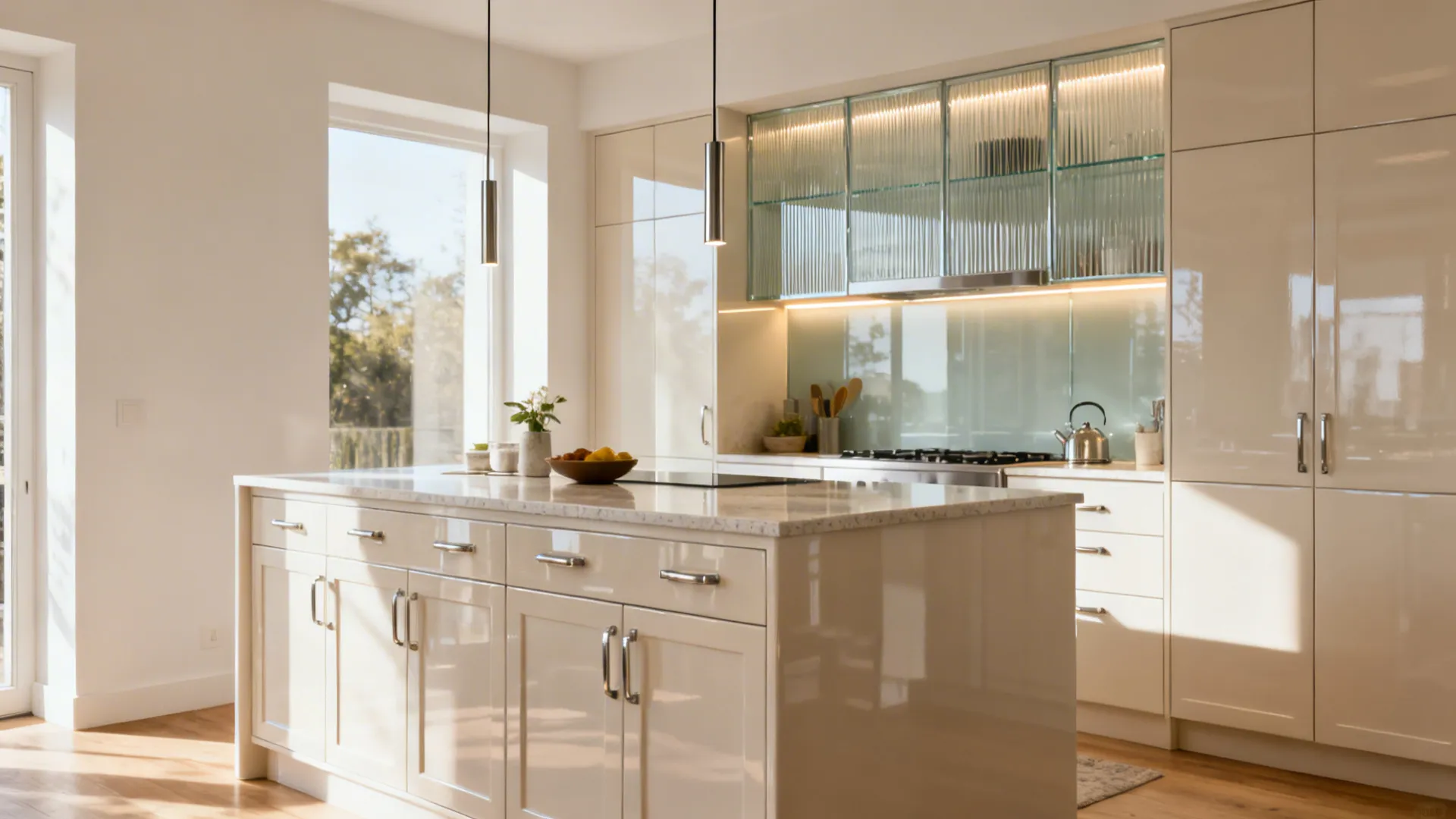 Small kitchen with satin-gloss island, low-iron glass backsplash, and slim pendants.
